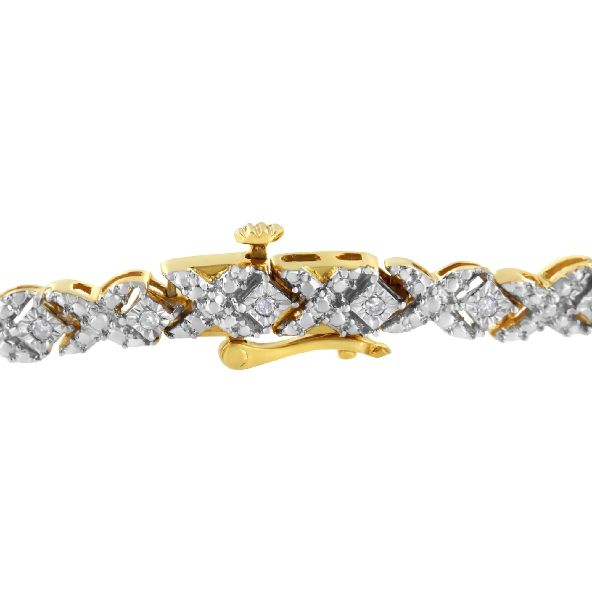 10K Yellow Gold Plated .925 Sterling Silver 1/4 cttw Diamond Alternating "X" and Bezel Link Bracelet (I-J Color, I2-I3 Clarity) - Size 7.25 " - Evallys.com # #