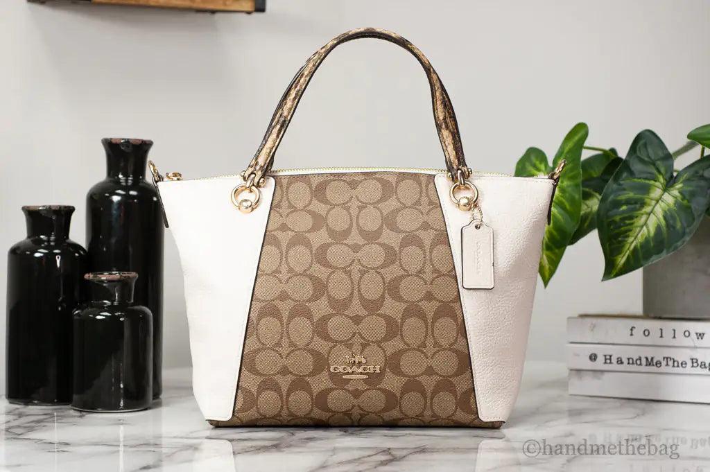 Coach (C7261) Kacey Khaki Chalk Blocked Canvas Top Zip Satchel Crossbody Handbag - Evallys.com # #