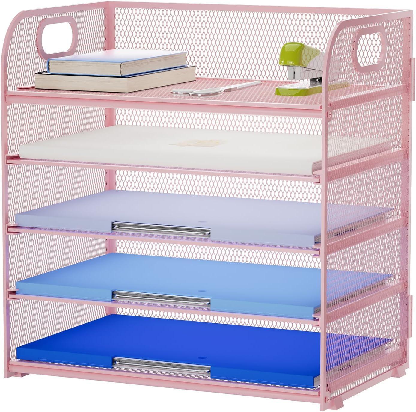 Marbrasse 2 Pack Desk Organizer with Handle, 5 Tier Paper Organizer Letter Tray Organizer, Mesh Desk File Organizer for Office, School and Home - Evallys.com # #