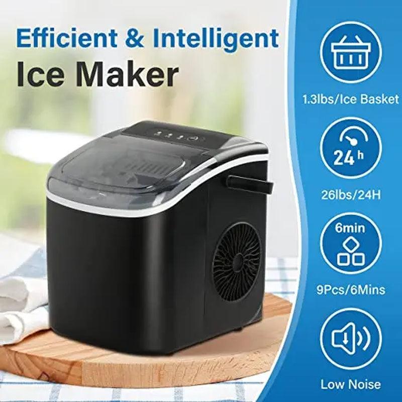 Simple Deluxe Ice Maker Machine for Countertop, 26Lbs Ice/24Hrs, 9 Ice Cubes Ready in 6 Mins, Self-Clean, with Scoop and Basket Kitchen Lightweight Utensils Portable - Evallys.com # #