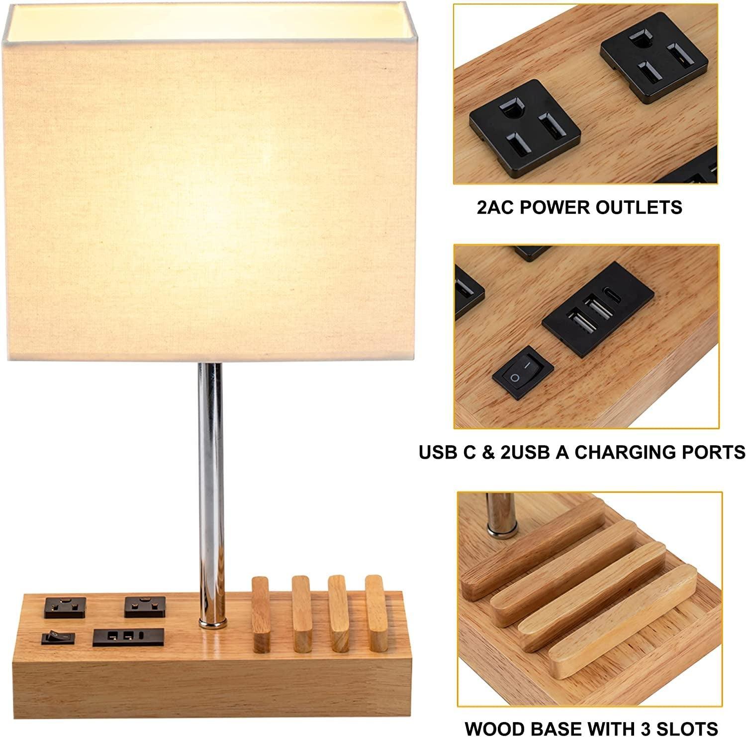 Dreamholder Desk Lamp with 3 USB Charging Ports, Table Lamp with 2AC Outlets and 3 Phone Stands, Nightstand Bedside Lamp with Natural Wooden Base and Cream Linen Shade - Evallys.com # #