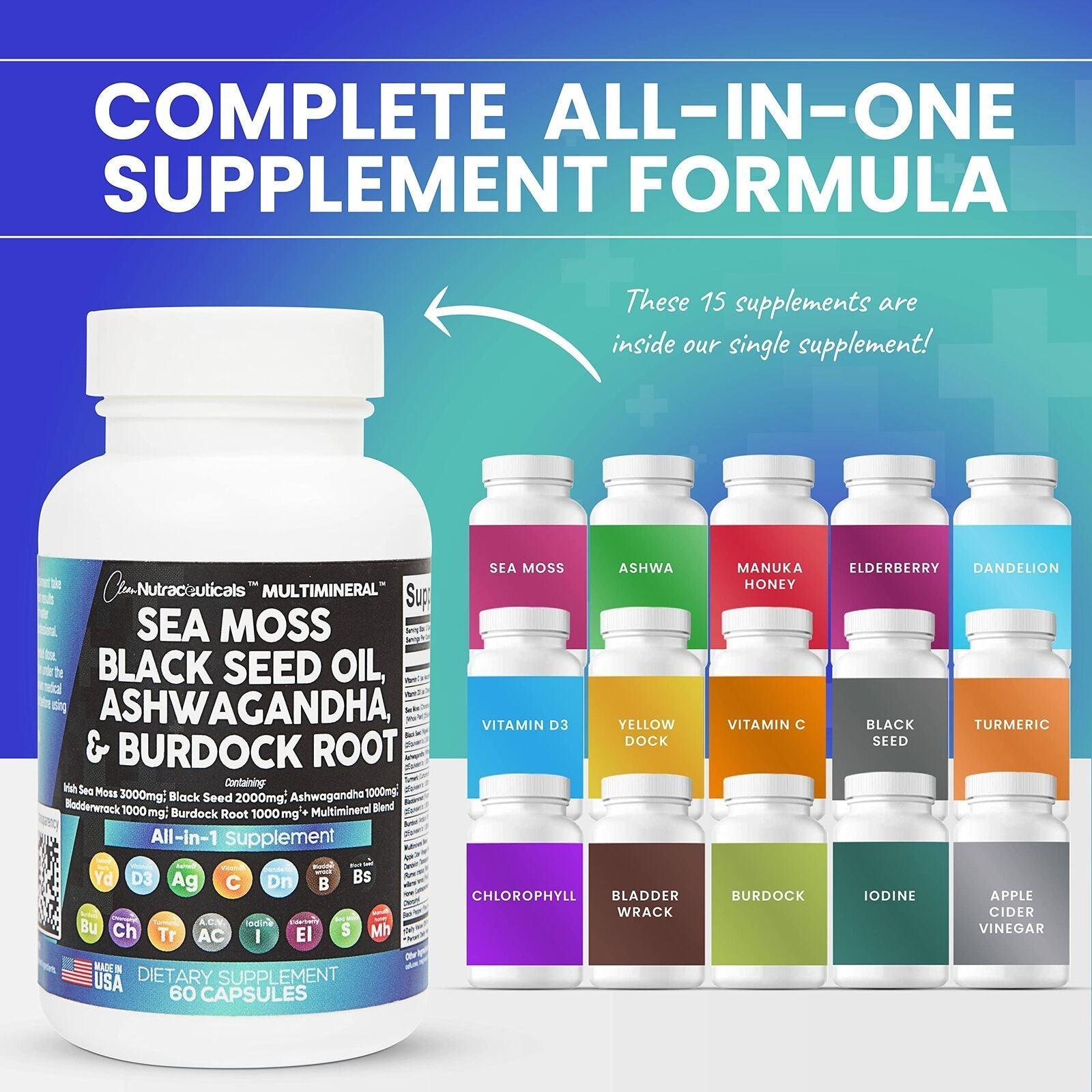 Sea Moss 3000Mg Black Seed Oil 2000Mg Ashwagandha 1000Mg Turmeric 1000Mg Blad... - Evallys.com # #