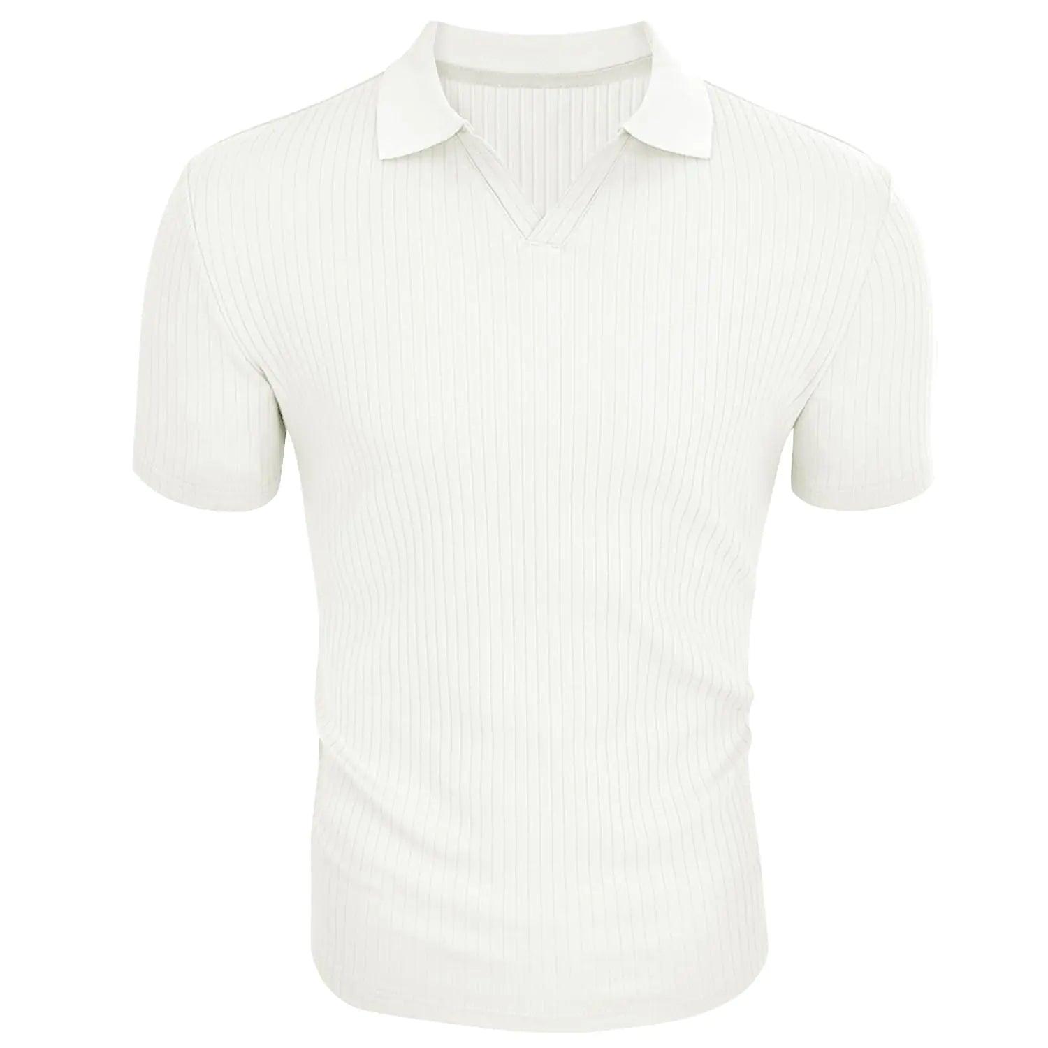 Men's Muscle V Neck Polo Shirts Slim Fit Short Long Sleeve Cotton Golf T-Shirts Ribbed Knit Soft Tees XX-Large White - Evallys.com # #