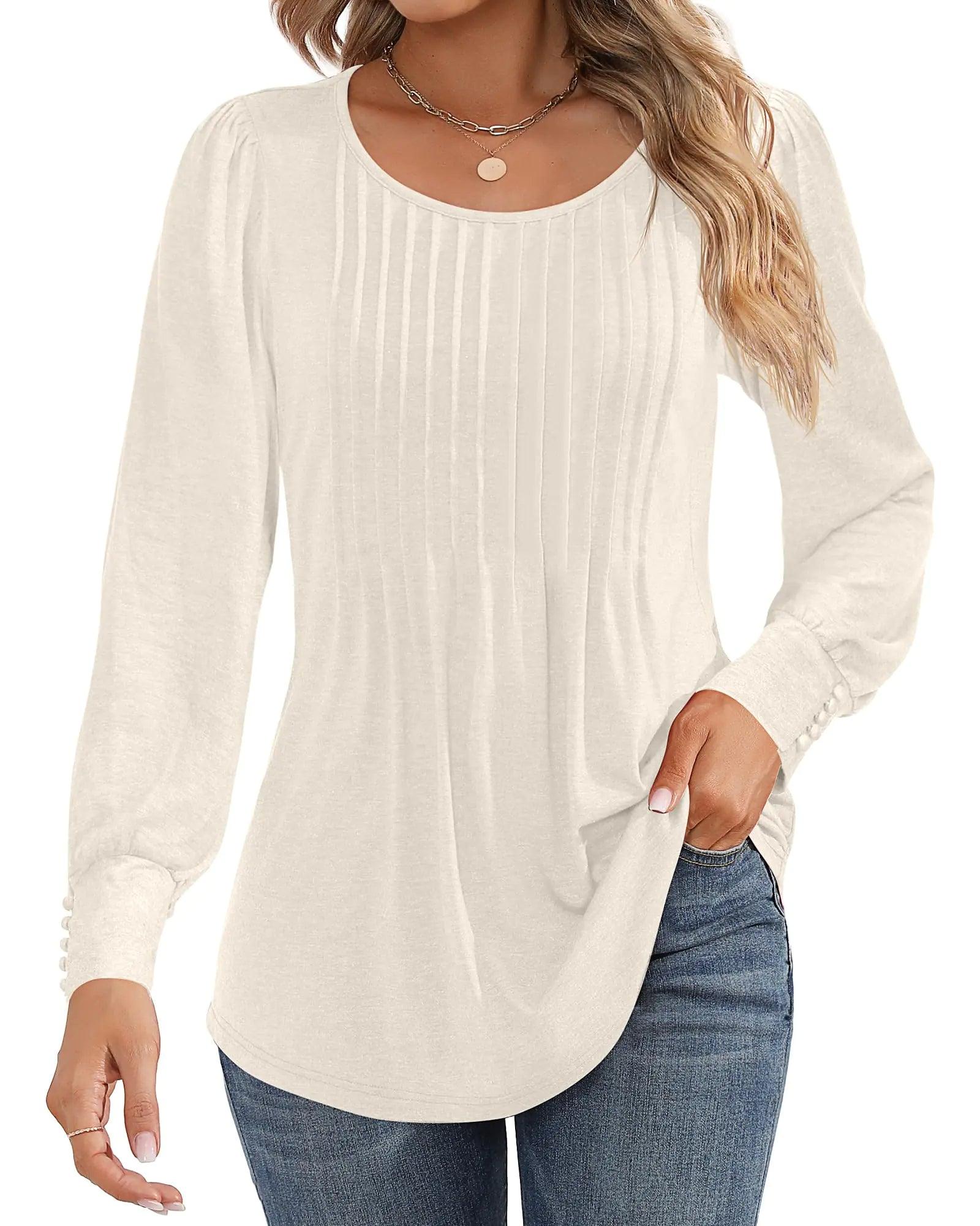 Ficerd Women's Puff Long Sleeve Tunic Tops Pleated Crew Neck Blouses Dressy Casual Loose Fit Fall and Winter Shirts Pink Floral Large - Evallys.com