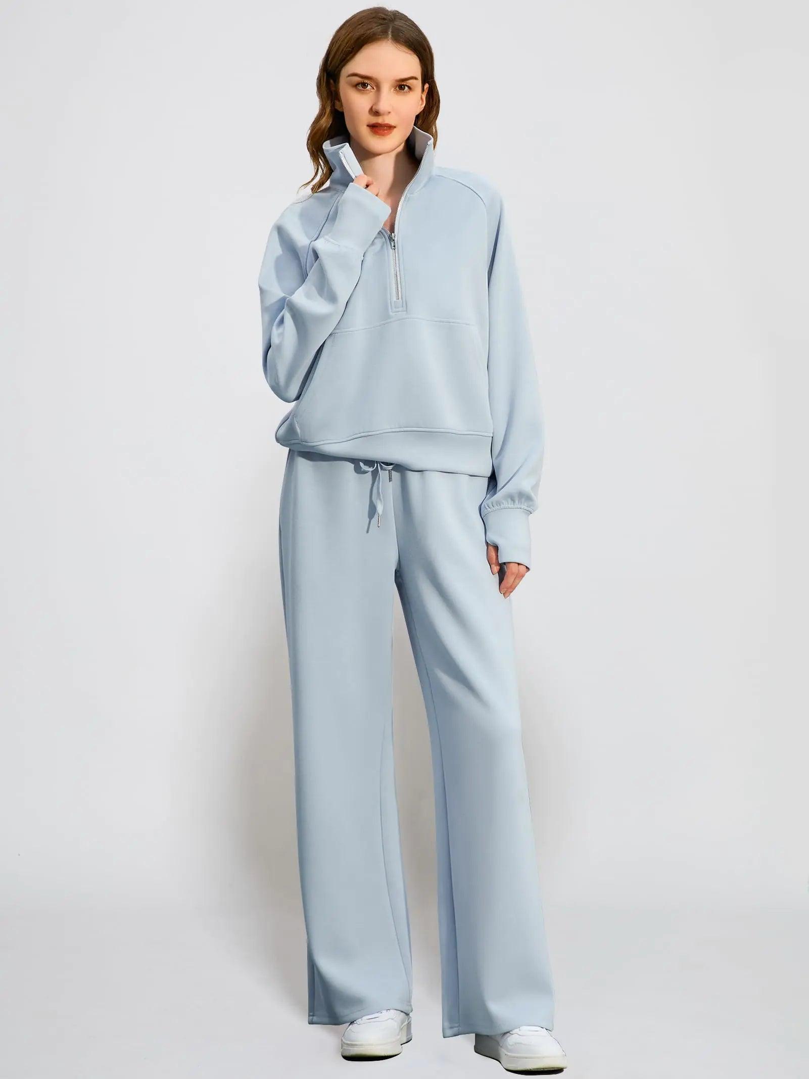 Women's 2 Piece Outfits Lounge Set 2024 Oversized Half Zip Sweatshirt Wide Leg Sweatpant Set Sweatsuit Tracksuit X-Small Light Blue - Evallys.com # #