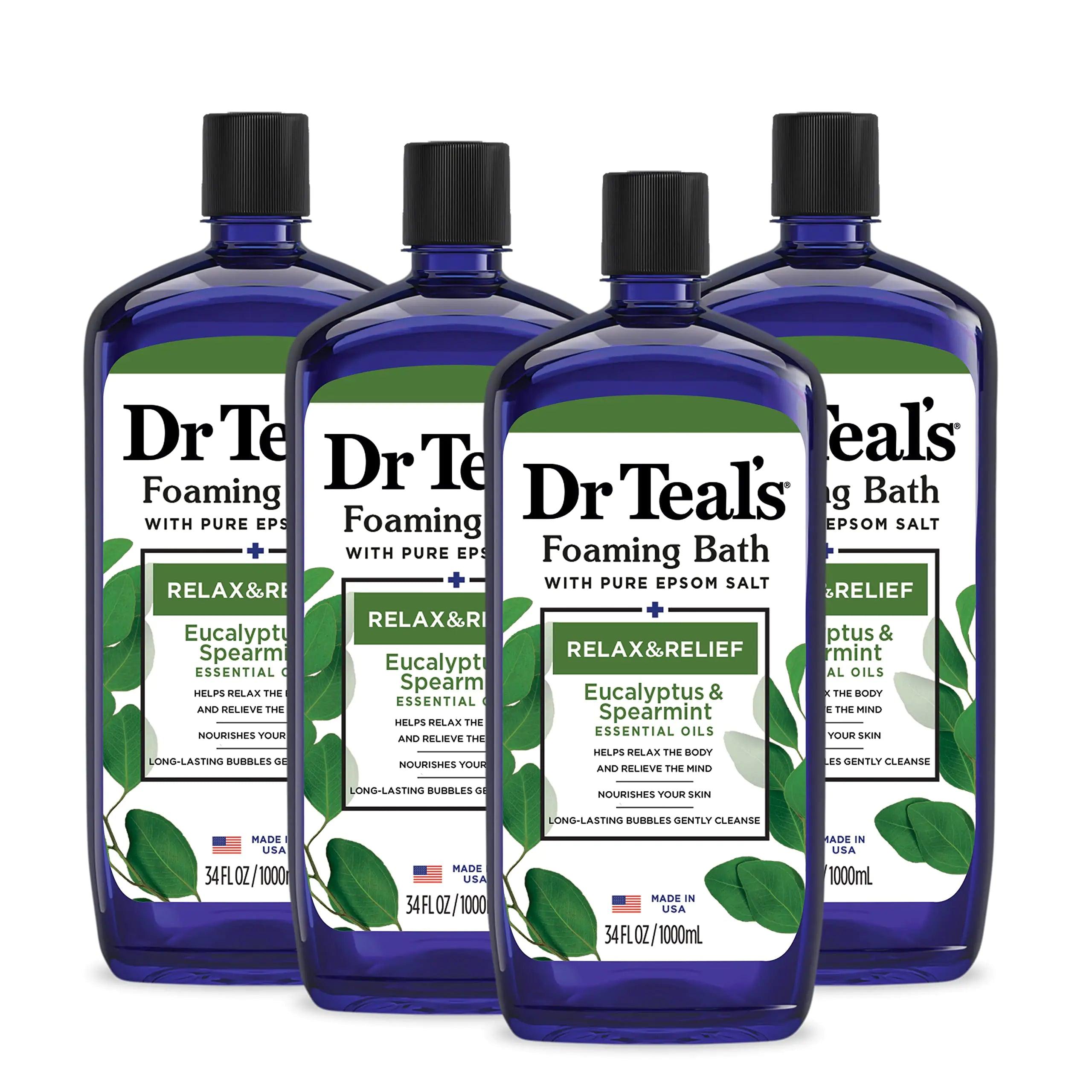 Dr Teal's Foaming Bath with Pure Epsom Salt, Relax & Relief with Eucalyptus & Spearmint, 34 fl oz (Pack of 4) (Packaging May Vary) - Evallys.com # #