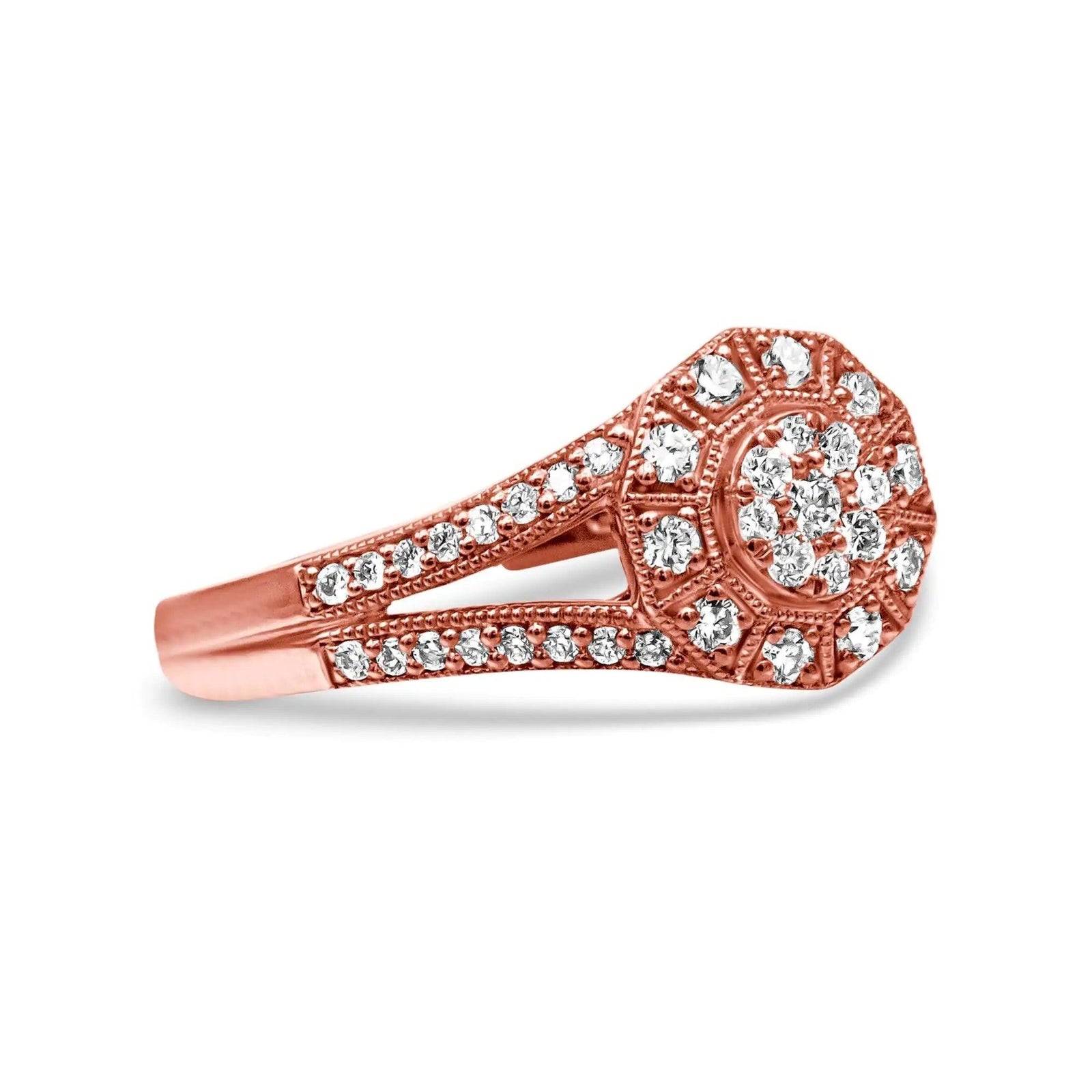 14K Rose Gold Plated .925 Sterling Silver 1/2 Cttw Pave Diamond Halo Cluster Split Shank Cocktail Ring (I-J Color, I1-I2 Clarity) - Evallys.com # #