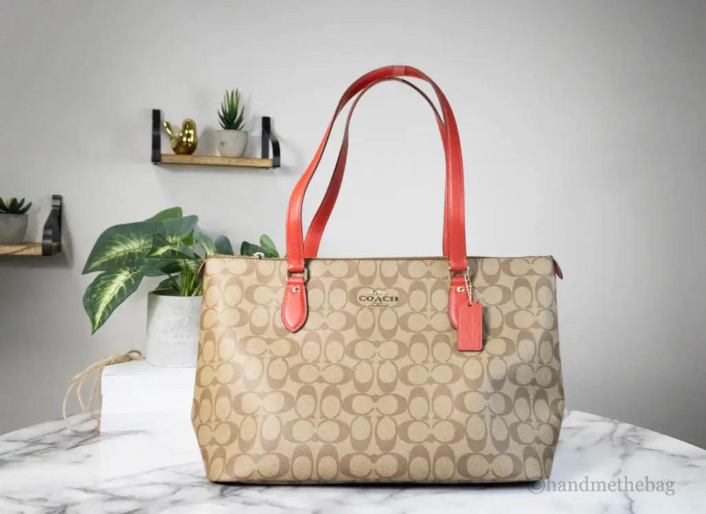 Coach Gallery Khaki Red Signature Coated Canvas Tote Bag - Evallys.com # #