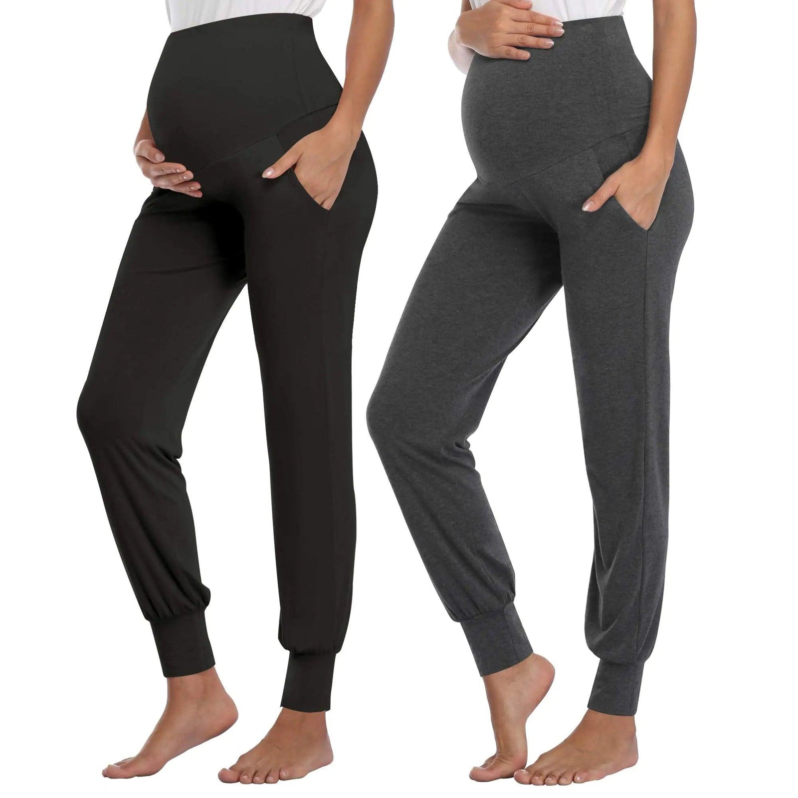 AMPOSH Women's Maternity Pants Stretchy Lounge Workout Pants Casual Loose Comfy Pregnancy Joggers with Pockets Small Black/Black - Evallys.com # #