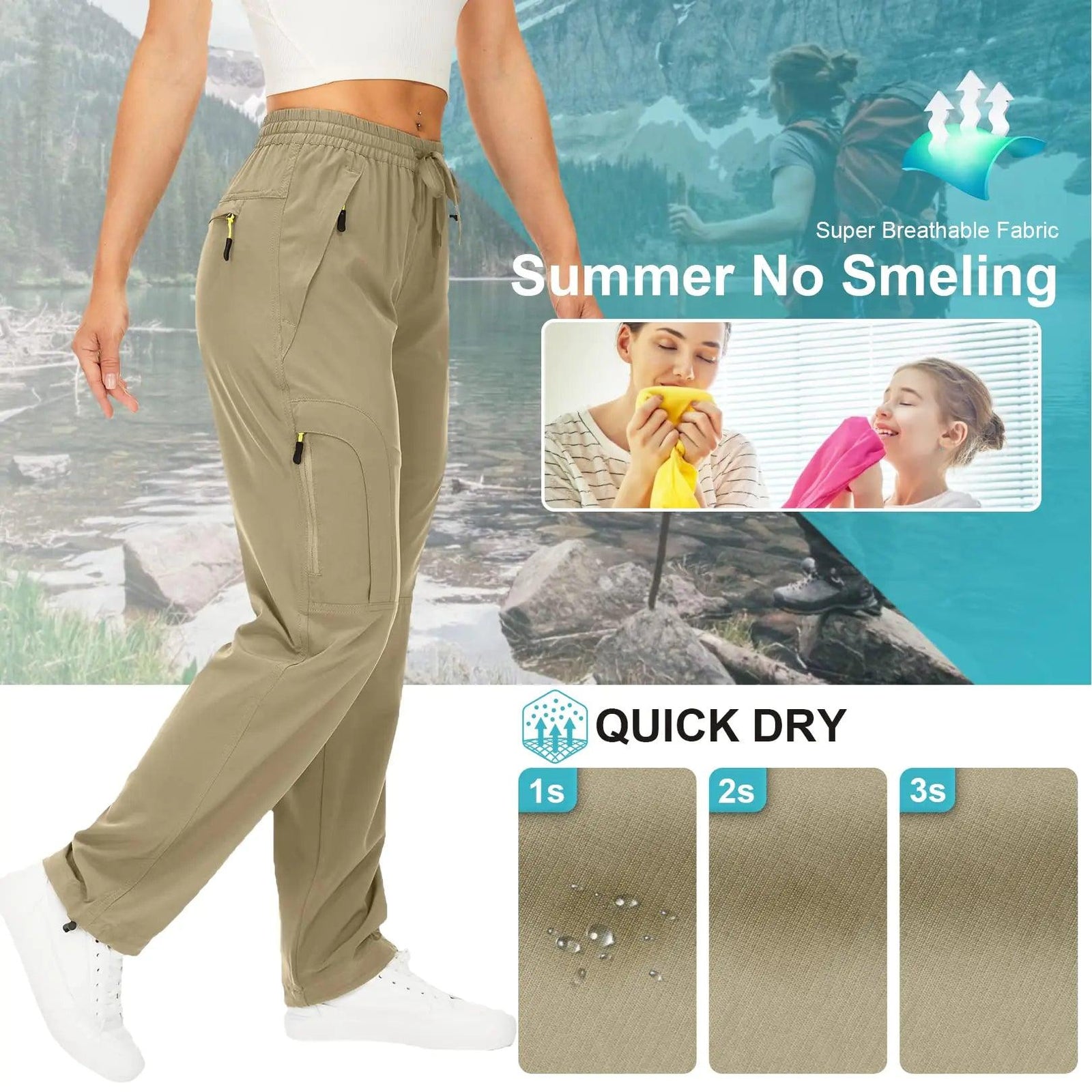 Womens Hiking Pants Quick Dry UPF 50 Travel Golf Pants lightweight Camping Work Cargo Pants Zipper Pockets Khaki Small - Evallys.com # #