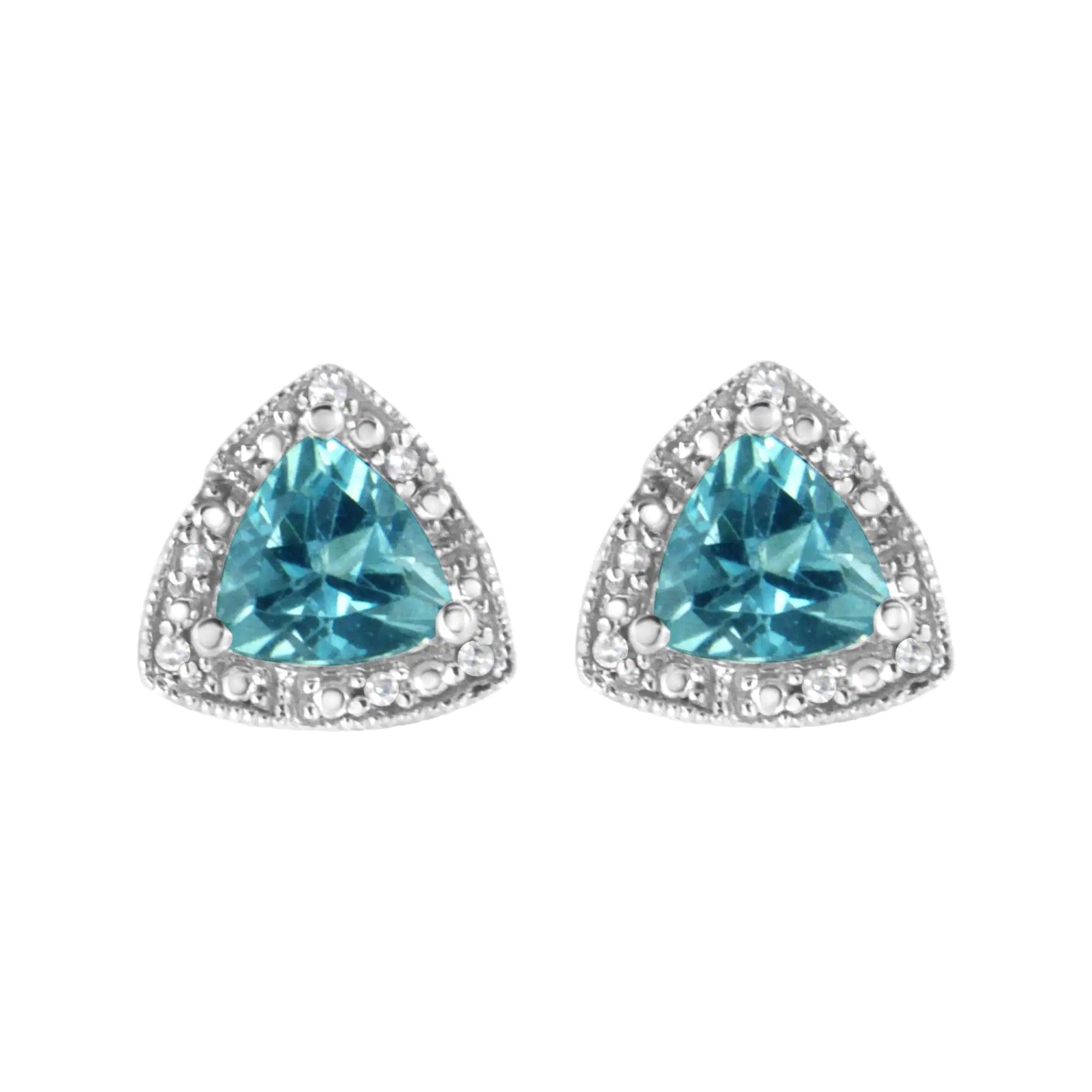 .925 Sterling Silver 6x6 mm Trillion Cut Blue Topaz Gemstone and Diamond Accent Stud Earring (I-J Color, I1-I2 Clarity) - Evallys.com # #