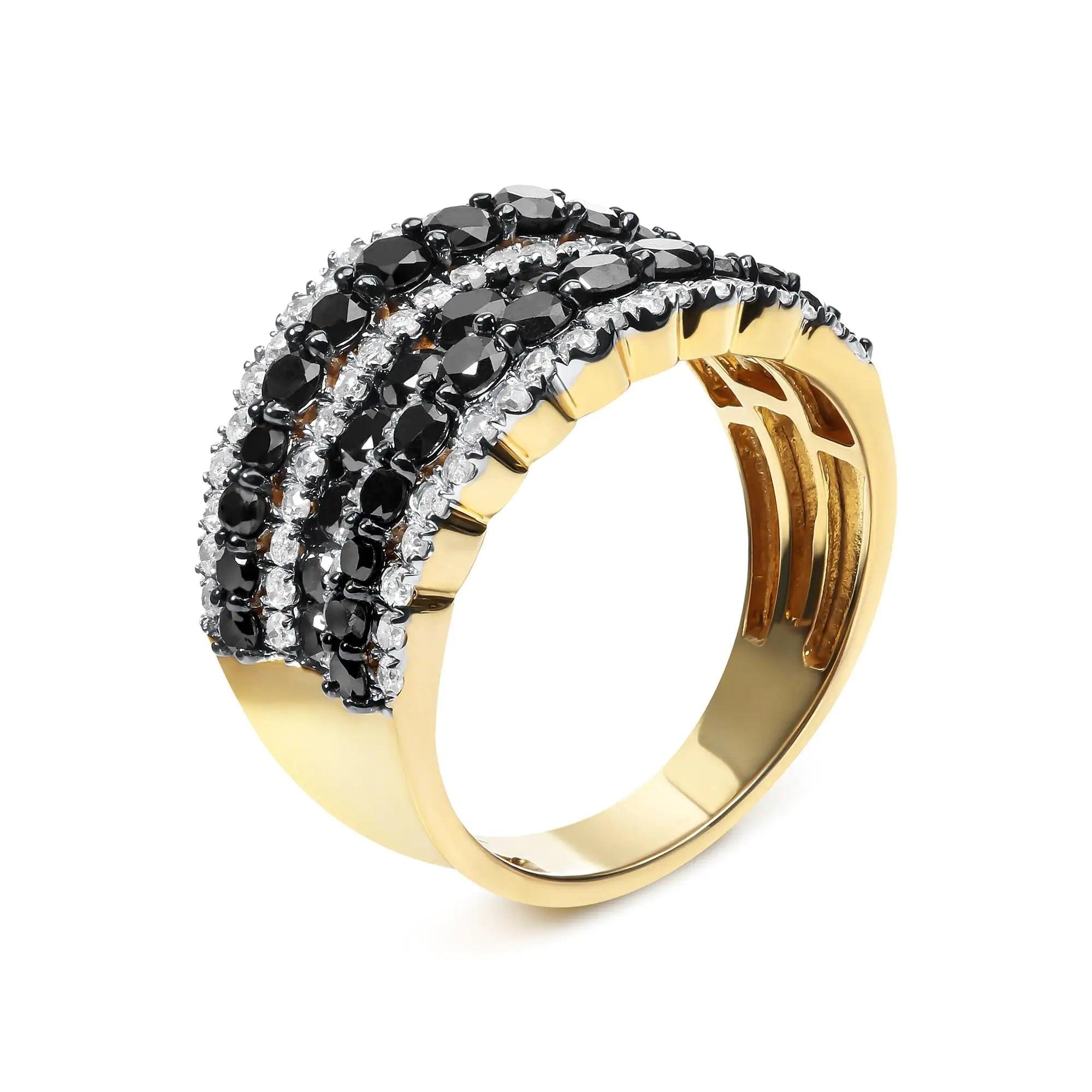 14K Yellow Gold Plated .925 Sterling Silver 1 3/4 Cttw Treated Black and White Alternating Diamond Multi Row Band Ring (Black / I-J Color, I2-I3 Clarity) - Evallys.com # #