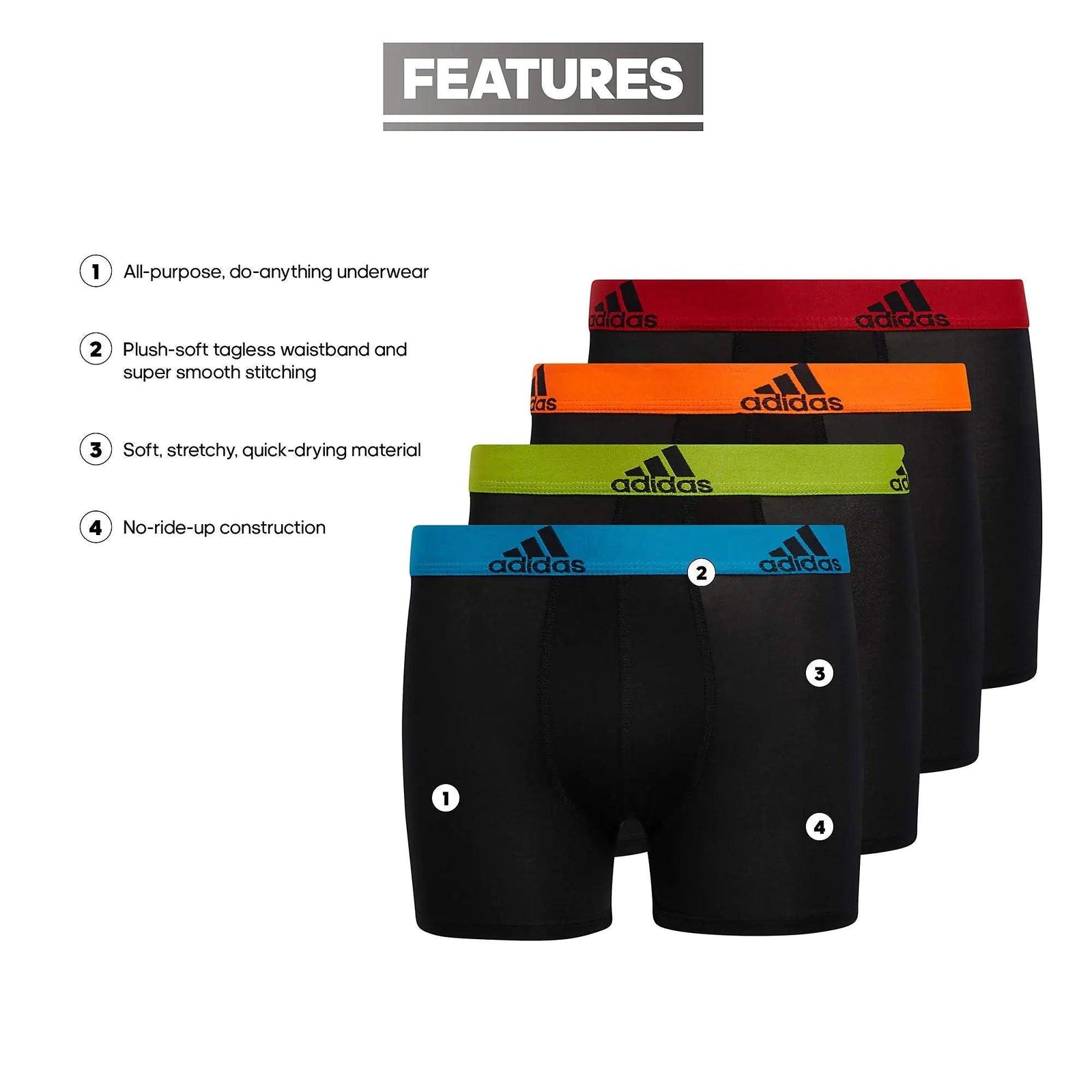 adidas Kids-Boy's Performance Boxer Briefs Underwear (4-Pack) Large Black/Solar Blue/Semi Solar Slime Green - Evallys.com # #