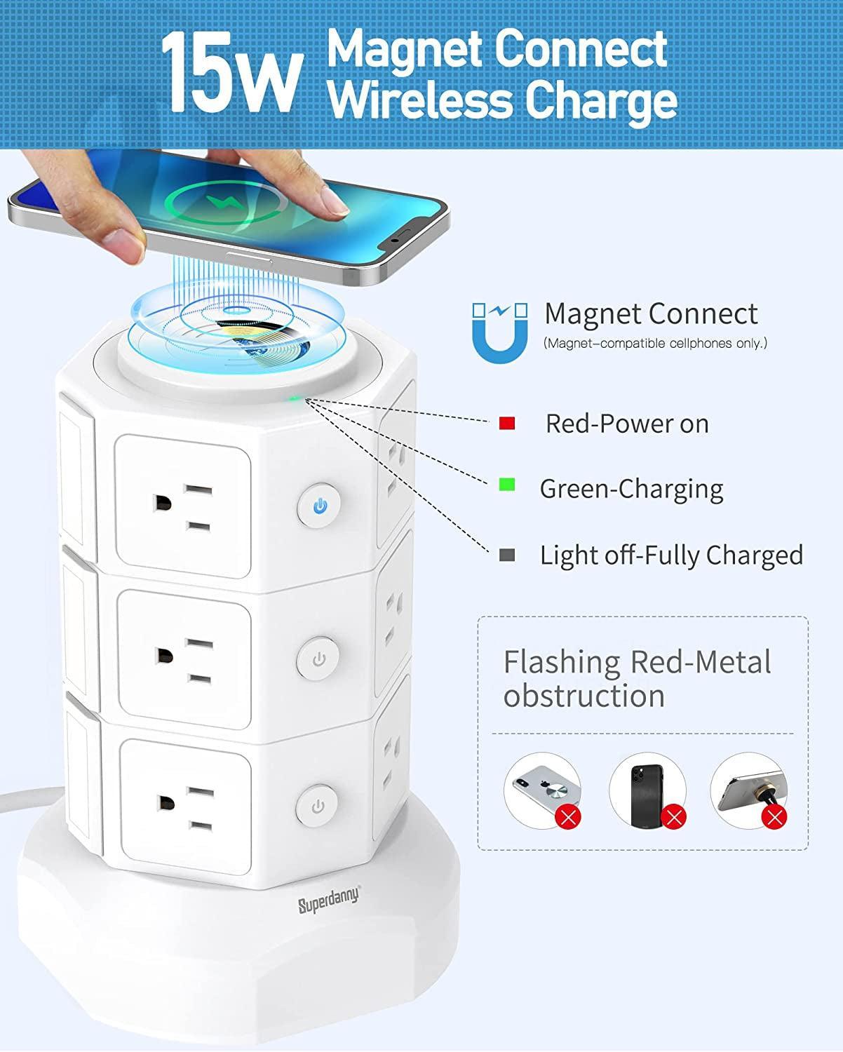 Power Strip Tower, SUPERDANNY Surge Protector Tower with 15W Magnetic Wireless Charger, 1050J, 13A Charging Station with 12 AC Outlets & 6 USB Ports, 6.5Ft Extension Cord for Home Office, White - Evallys.com # #