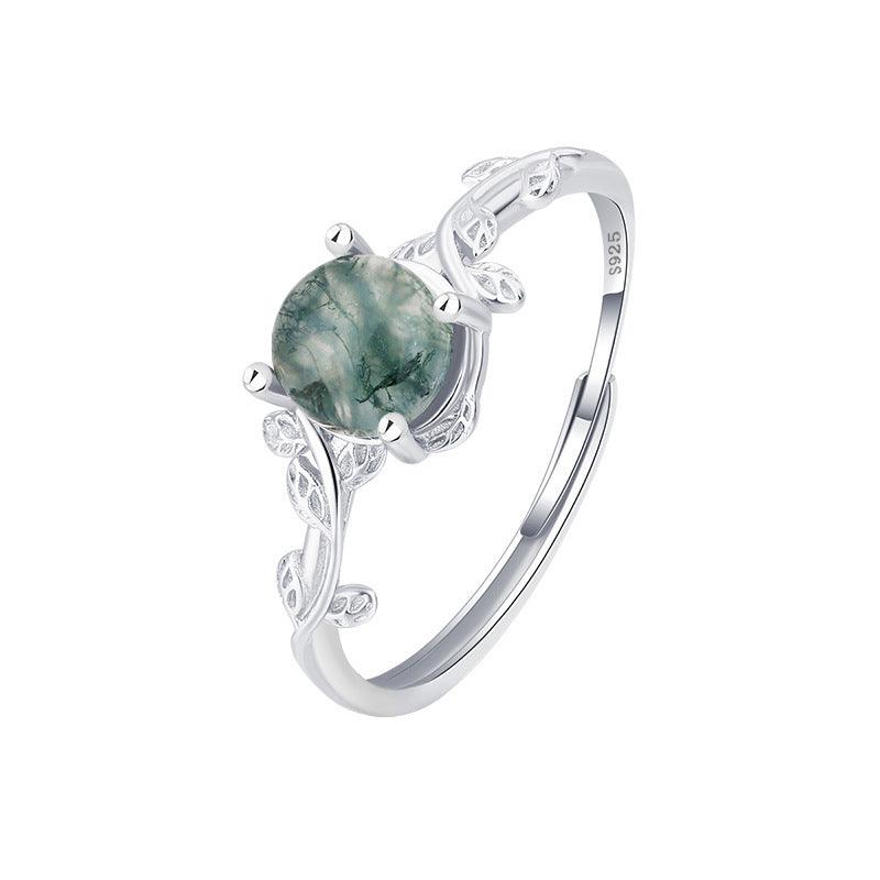 S925 Silver Green Moss Ring Water Plants Agate Stone Finger Ring - Evallys.com # #