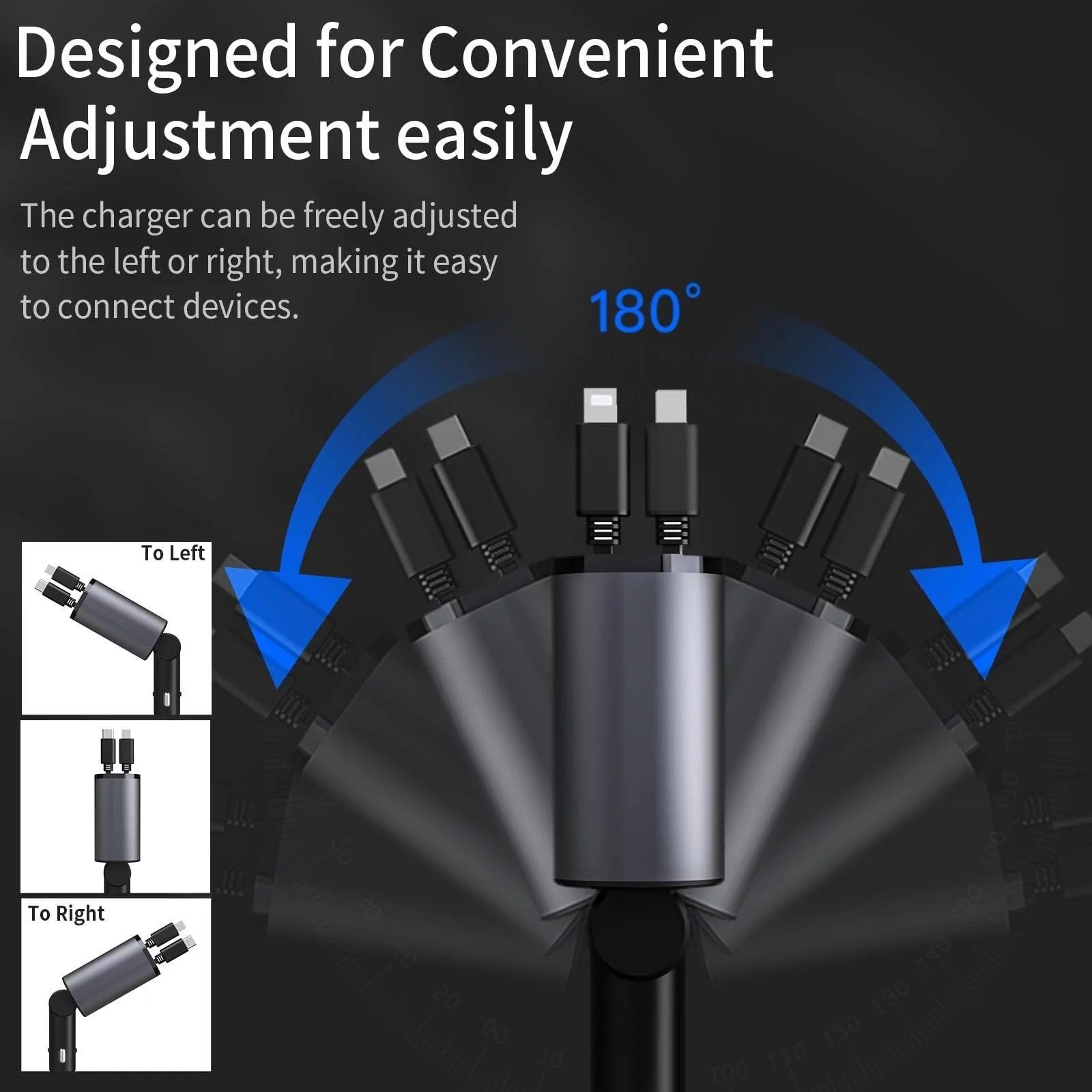 4 in 1 Retractable Car Charger, 100W Fast Car Phone Charger with Iphone and Type C Cable and 2 Charging Ports Car Charger Adapter - Evallys.com # #