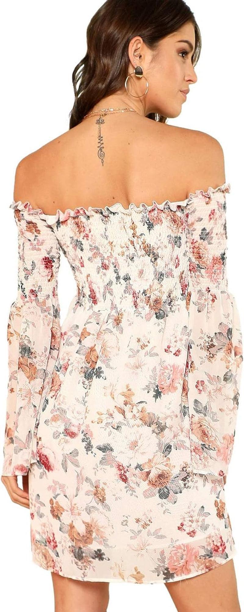 Romwe Women'S Casual Floral Print off Shoulder Trumpet Sleeve Swing Dress - Evallys.com # #