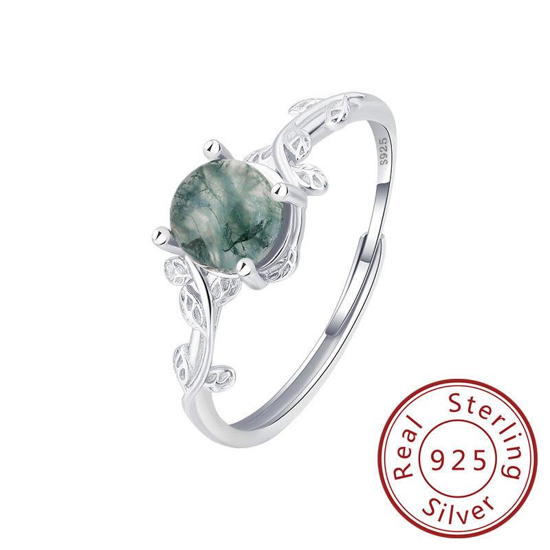 S925 Silver Green Moss Ring Water Plants Agate Stone Finger Ring - Evallys.com # #