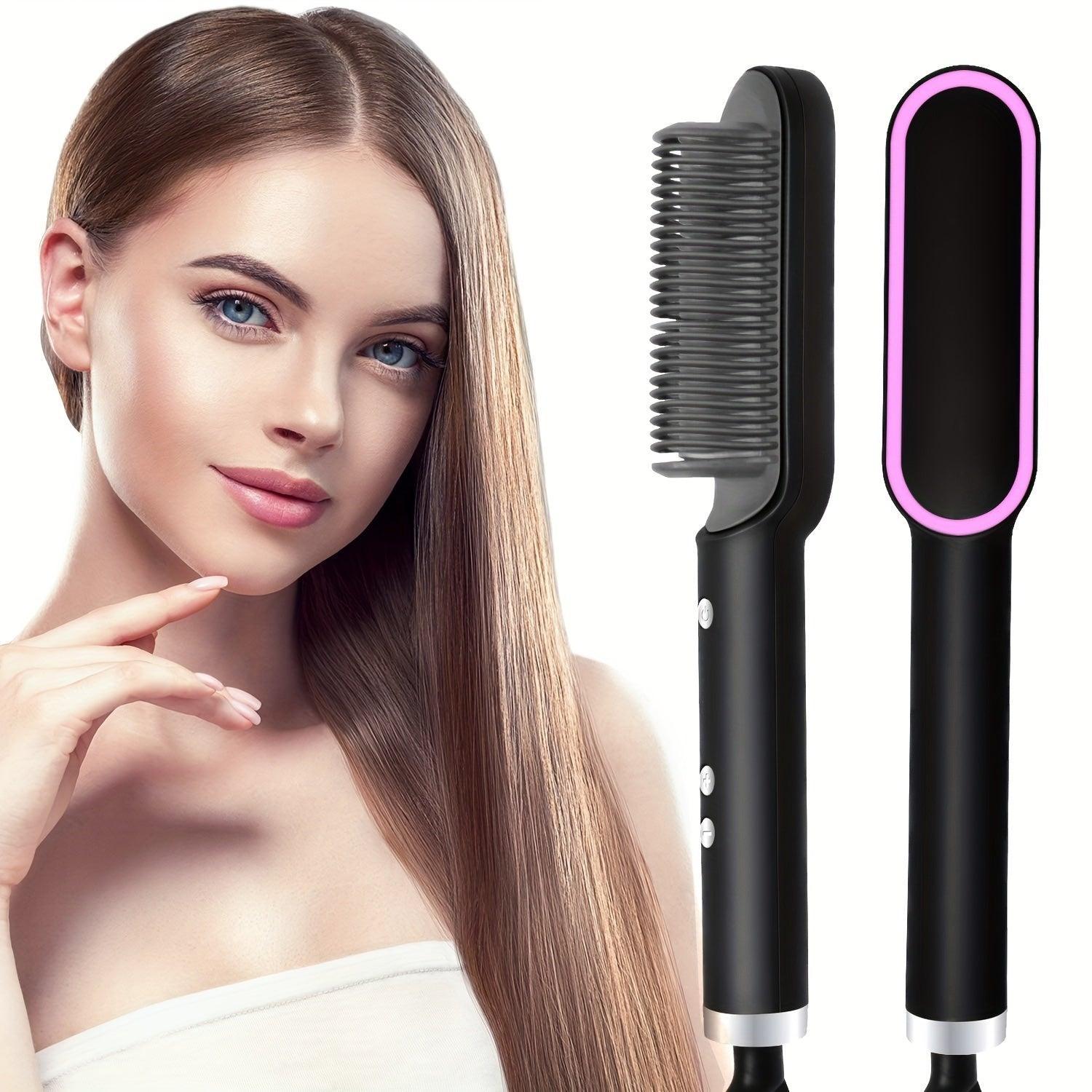 2-in-1 Electric Hair Straightener Brush Hot Comb Adjustment Heat Styling Curler Anti-Scald Comb, 2-in-1 Styling Tool For Long-Lasting Curls And Straight Hair - Evallys.com # #