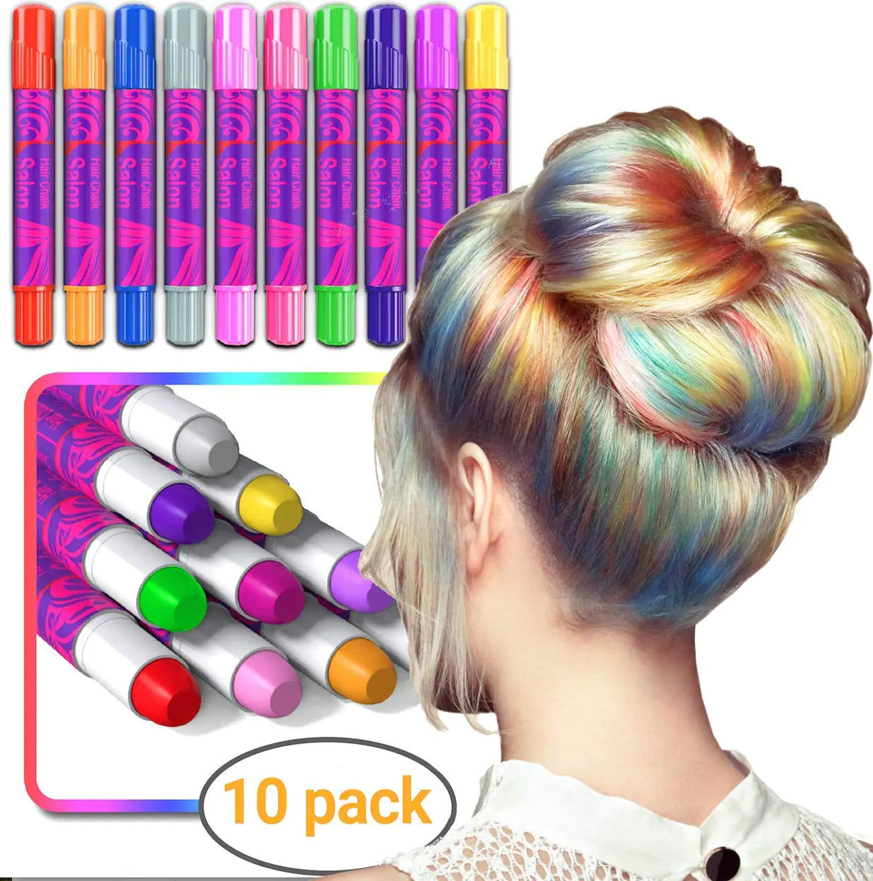 Desire Deluxe Hair Chalk for Girls Makeup Kit of 10 Temporary Colour Pens Gifts, Great Toy for Kids Age 5 6 7 8 9 10 11 12 13 Years Old, "Blue,Green,Grey,Pink,Purple - Evallys.com # #