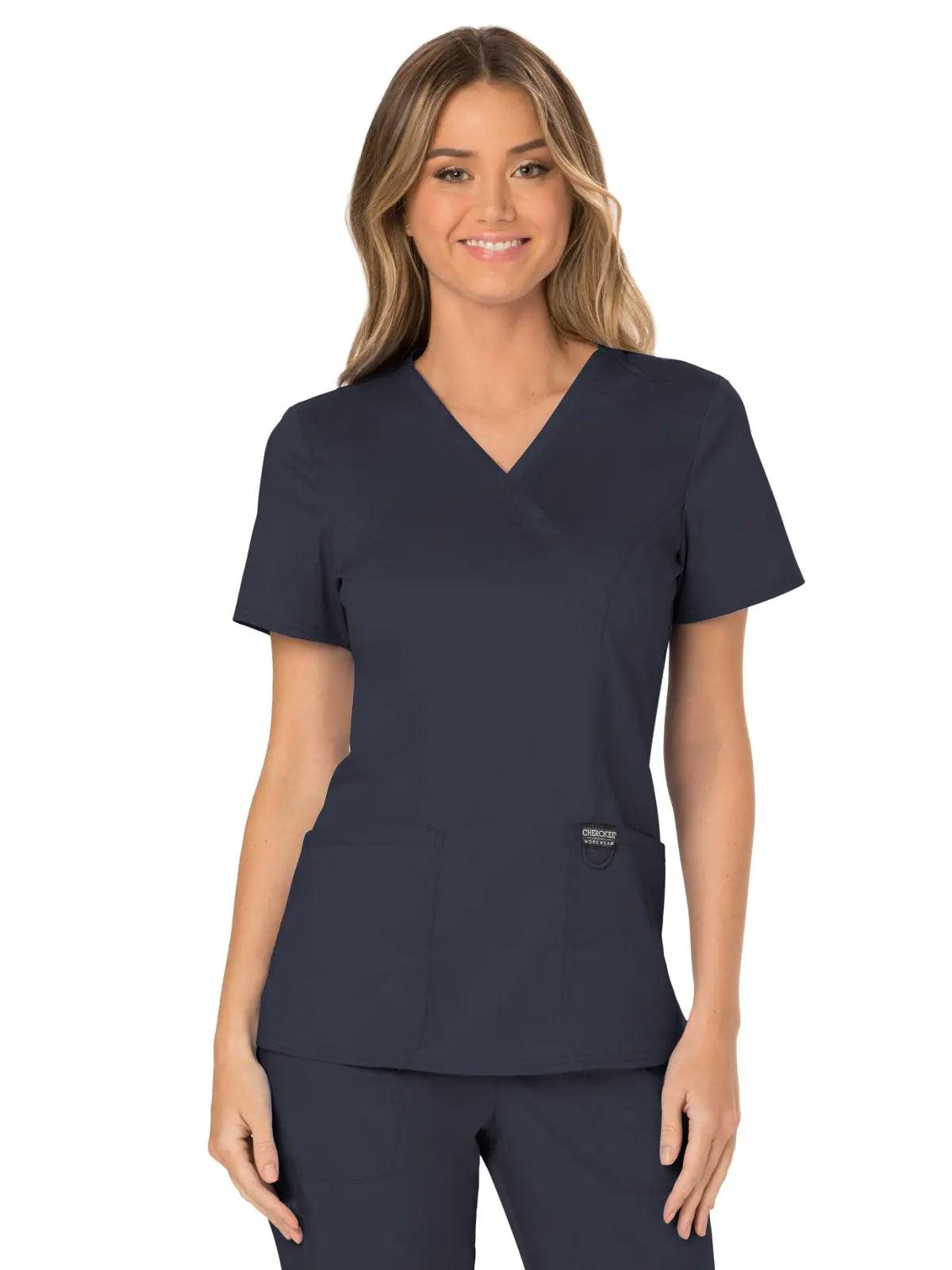 Cherokee Scrubs for Women Mock Wrap Top with 3 Pocket, Back Princess Seams WW610 X-Large Pewter - Evallys.com # #