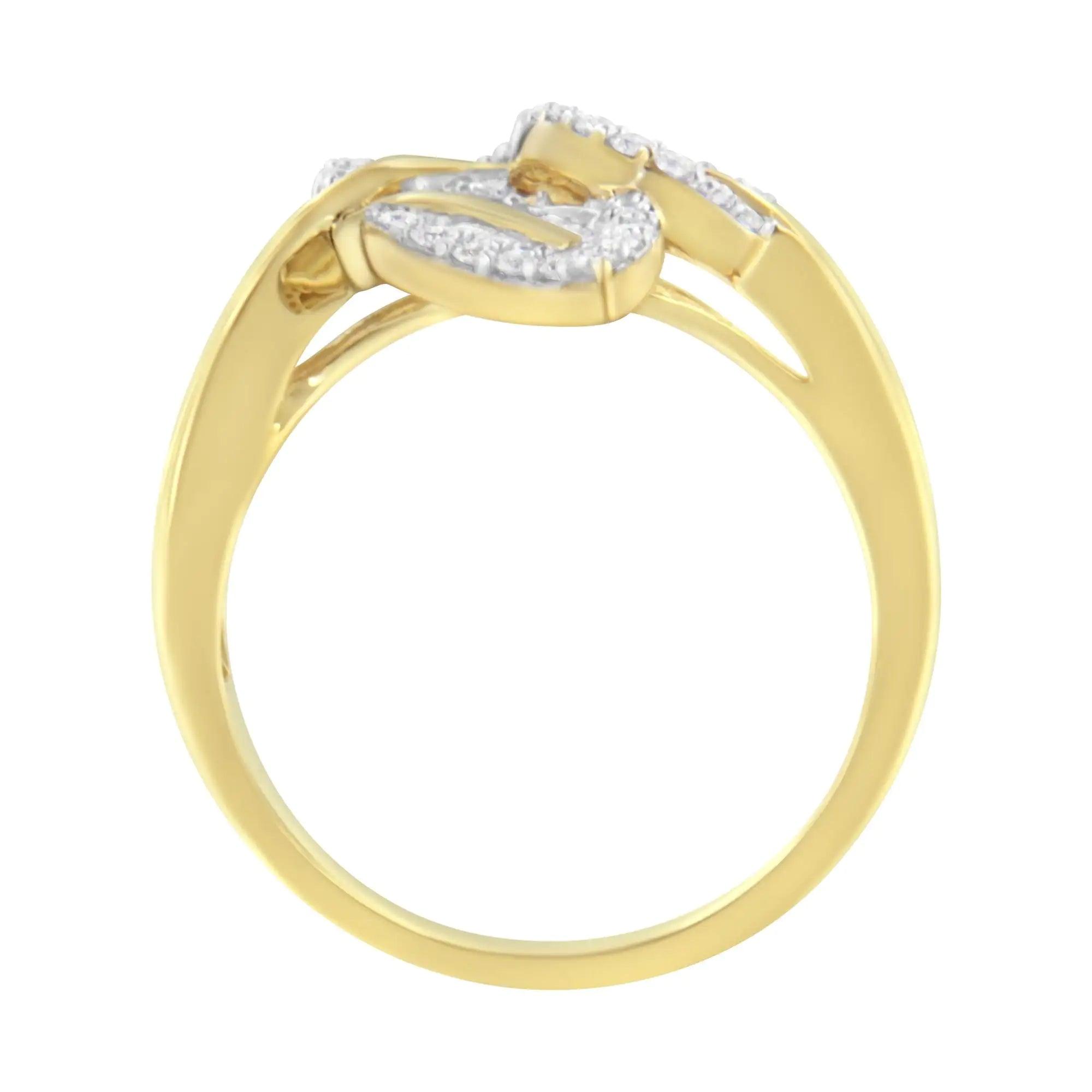 18K Yellow and White Gold Plated .925 Sterling Silver 3/8 Cttw Baguette and Round Diamond Bypass Triple Leaf Ring (I-J Color, I1-I2 Clarity) - Evallys.com # #