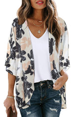 Women's Floral Print Puff Sleeve Kimono Cardigan Loose Cover Up Casual Blouse Tops Small Orange Black - Evallys.com