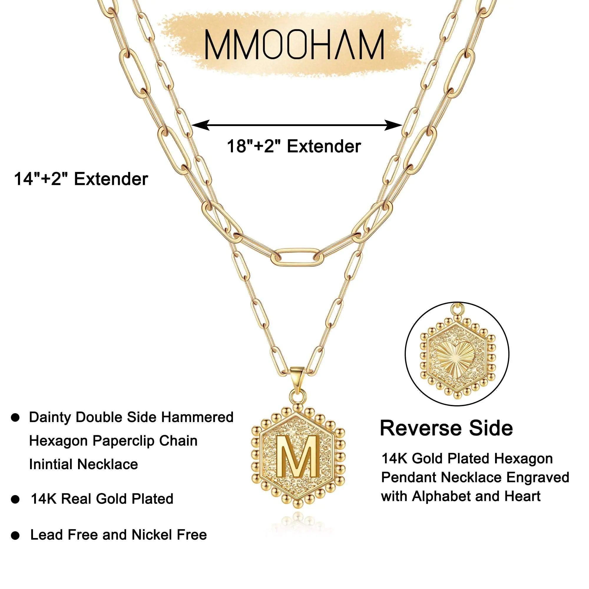 M MOOHAM Dainty Gold Necklace for Women - 14K Solid Gold Over Layering Necklaces for Women Cute Hexagon Letter Initial Necklaces for Women Gold Layered Necklaces for Women Jewelry Gifts 18 IN M - Evallys.com # #