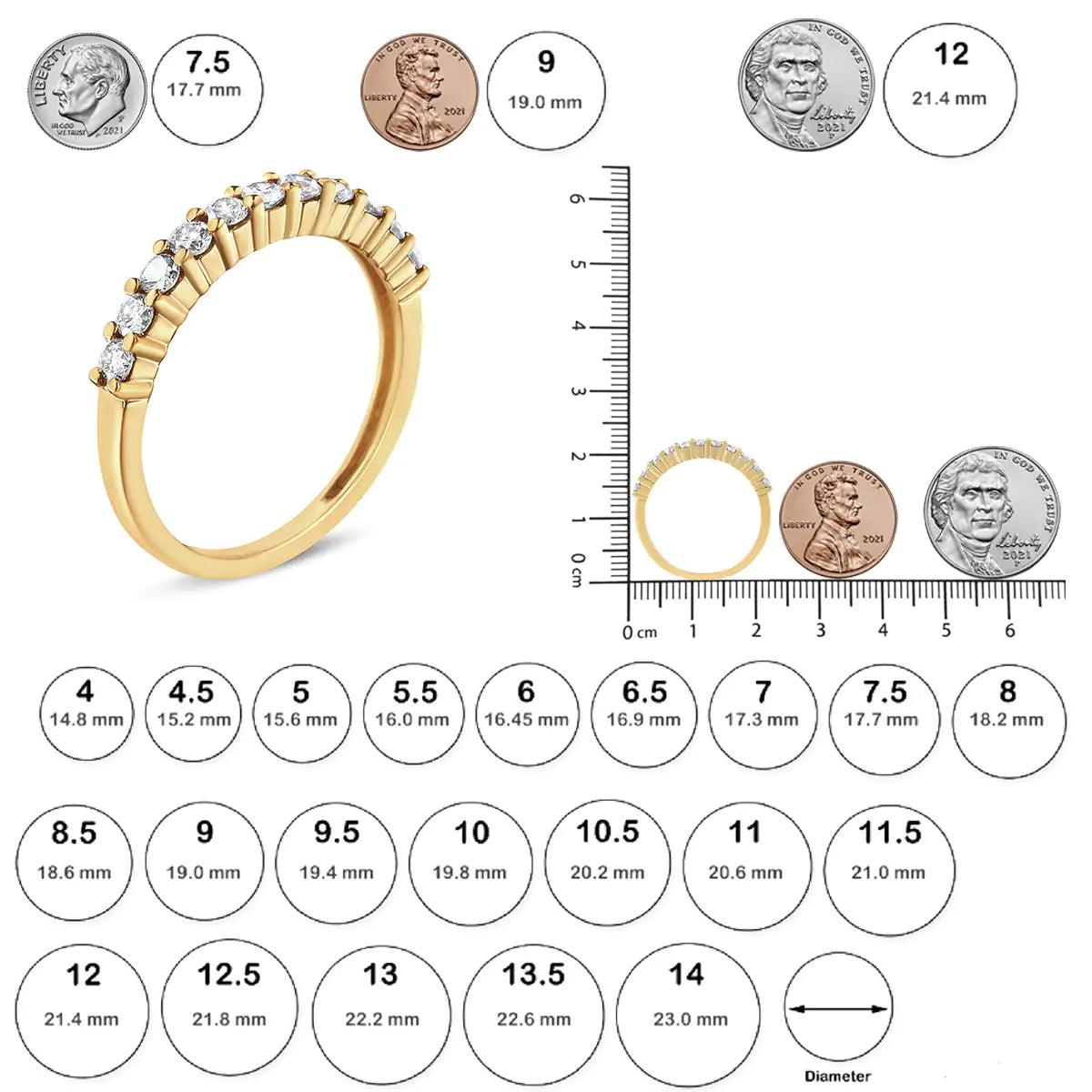 14K Yellow Gold Plated .925 Sterling Silver 1/2 cttw Shared Prong Set Brilliant Round-Cut Diamond 11 Stone Band Ring (I-J Color, I1-I2 Clarity) - Evallys.com # #