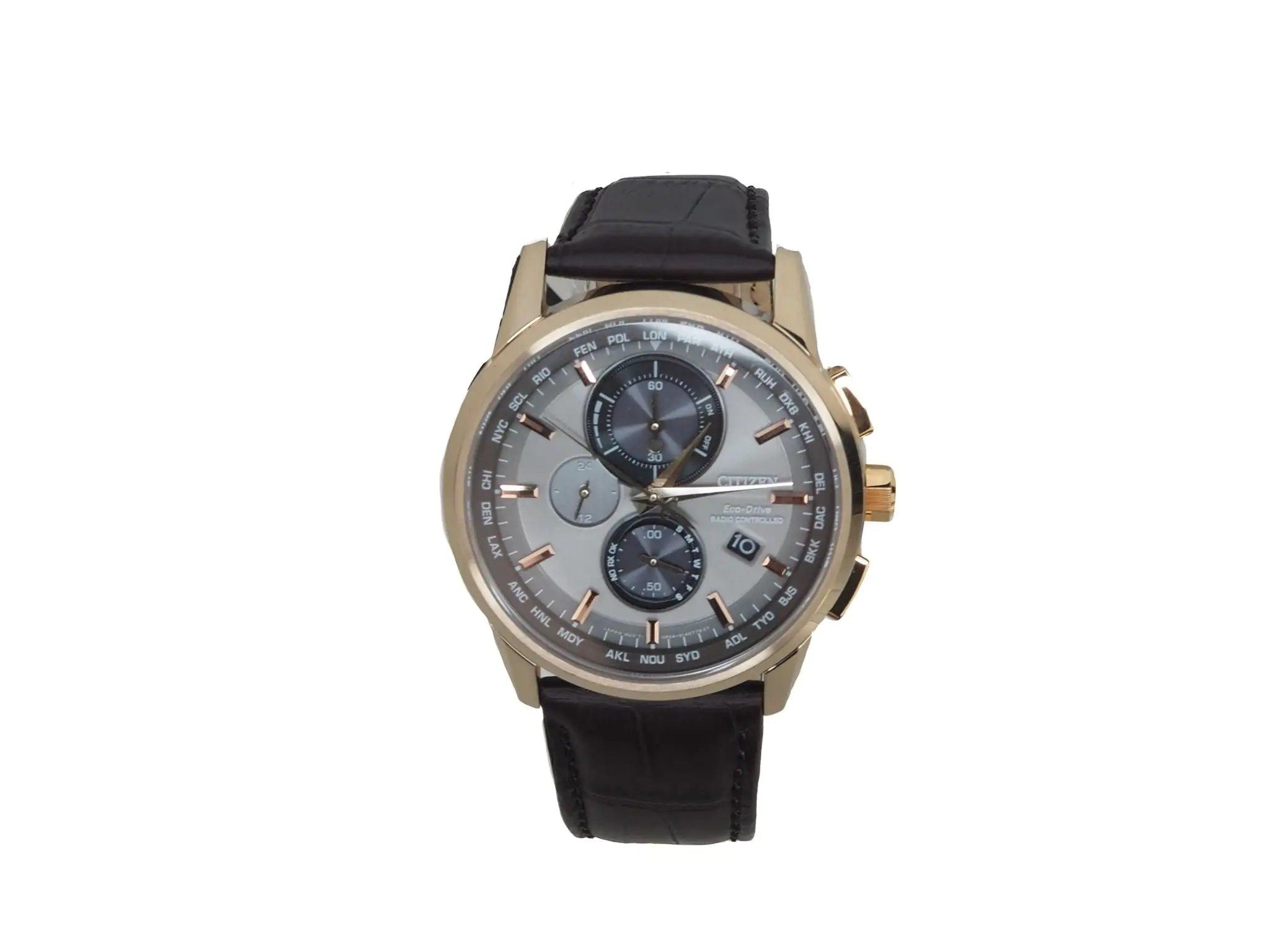 Citizen (AT8113-04H) World Chronograph A-T Brown Crocodile Print Strap Watch - Evallys.com # #