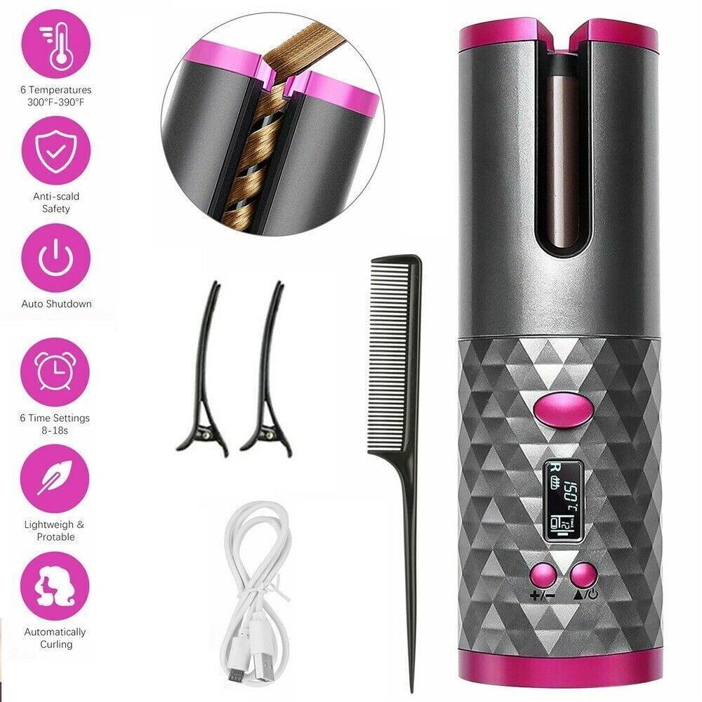 Electric LCD Display Automatic Rotating Cordless Hair Curler Fast Curling Iron Tongs Portable USB Rechargeable With Comb Safe USB Cordless Automatic Rotating Hair Curler Hair Waver Curling Iron - Evallys.com # #