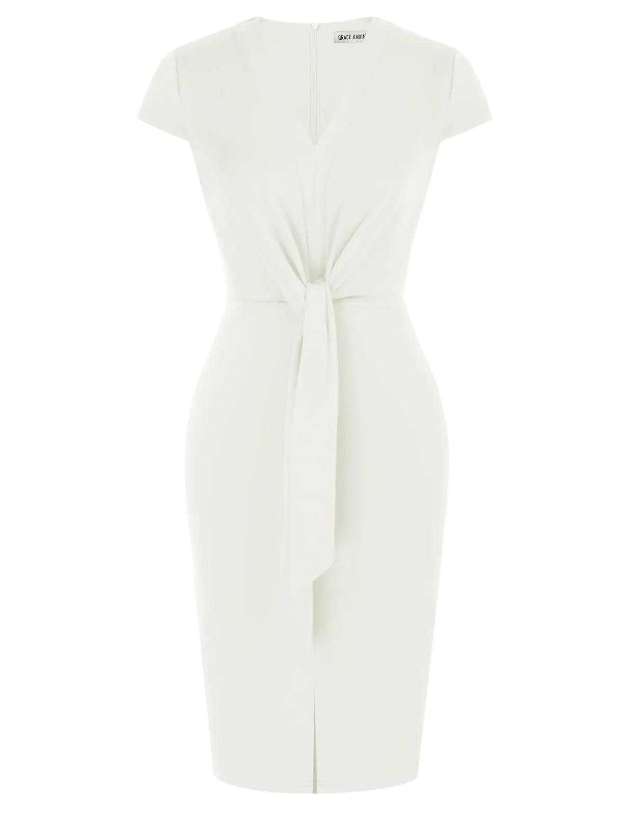 GRACE KARIN Women's Summer Midi Dresses Cap Sleeve Tie Waist Work Dress Slit V-Neck Bodycon Dress Business Casual Outfits Small Ivory - Evallys.com
