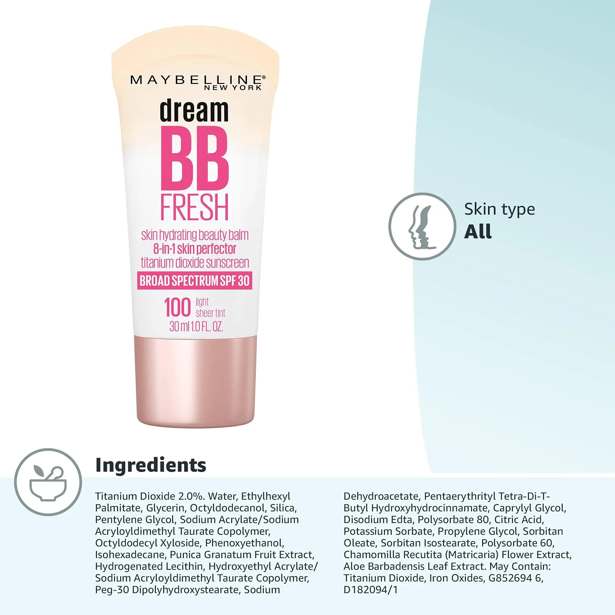 Maybelline Dream Fresh Skin Hydrating BB cream, 8-in-1 Skin Perfecting Beauty Balm with Broad Spectrum SPF 30, Sheer Tint Coverage, Oil-Free, Light, 1 Fl Oz 1 Fl Oz (Pack of 1) 100 LIGHT - Evallys.com # #