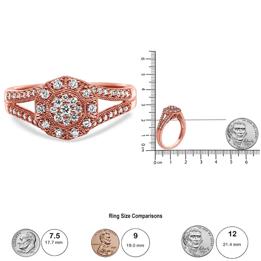 14K Rose Gold Plated .925 Sterling Silver 1/2 Cttw Pave Diamond Halo Cluster Split Shank Cocktail Ring (I-J Color, I1-I2 Clarity) - Evallys.com # #