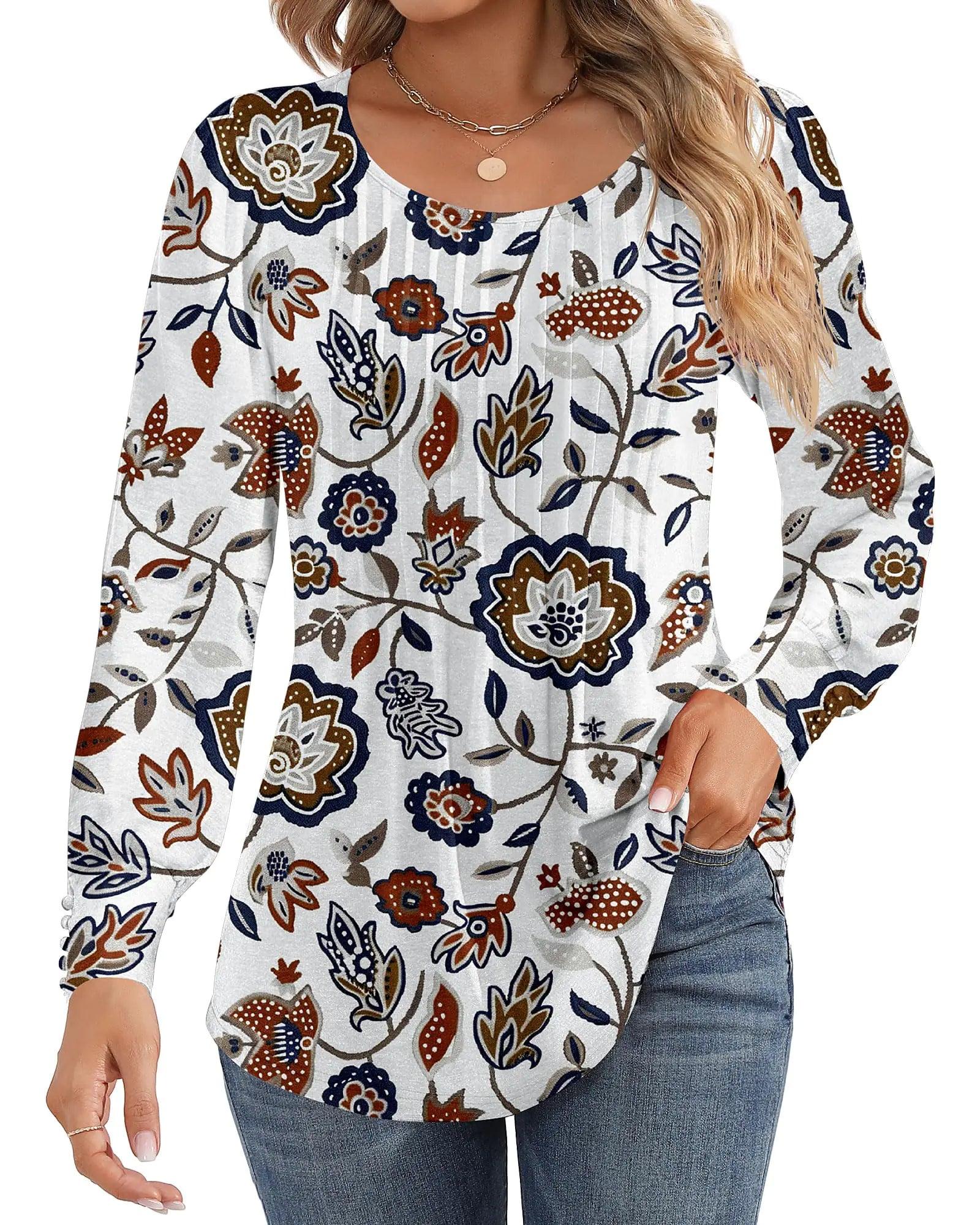 Ficerd Women's Puff Long Sleeve Tunic Tops Pleated Crew Neck Blouses Dressy Casual Loose Fit Fall and Winter Shirts Pink Floral Large - Evallys.com