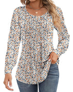 Ficerd Women's Puff Long Sleeve Tunic Tops Pleated Crew Neck Blouses Dressy Casual Loose Fit Fall and Winter Shirts Pink Floral Large - Evallys.com