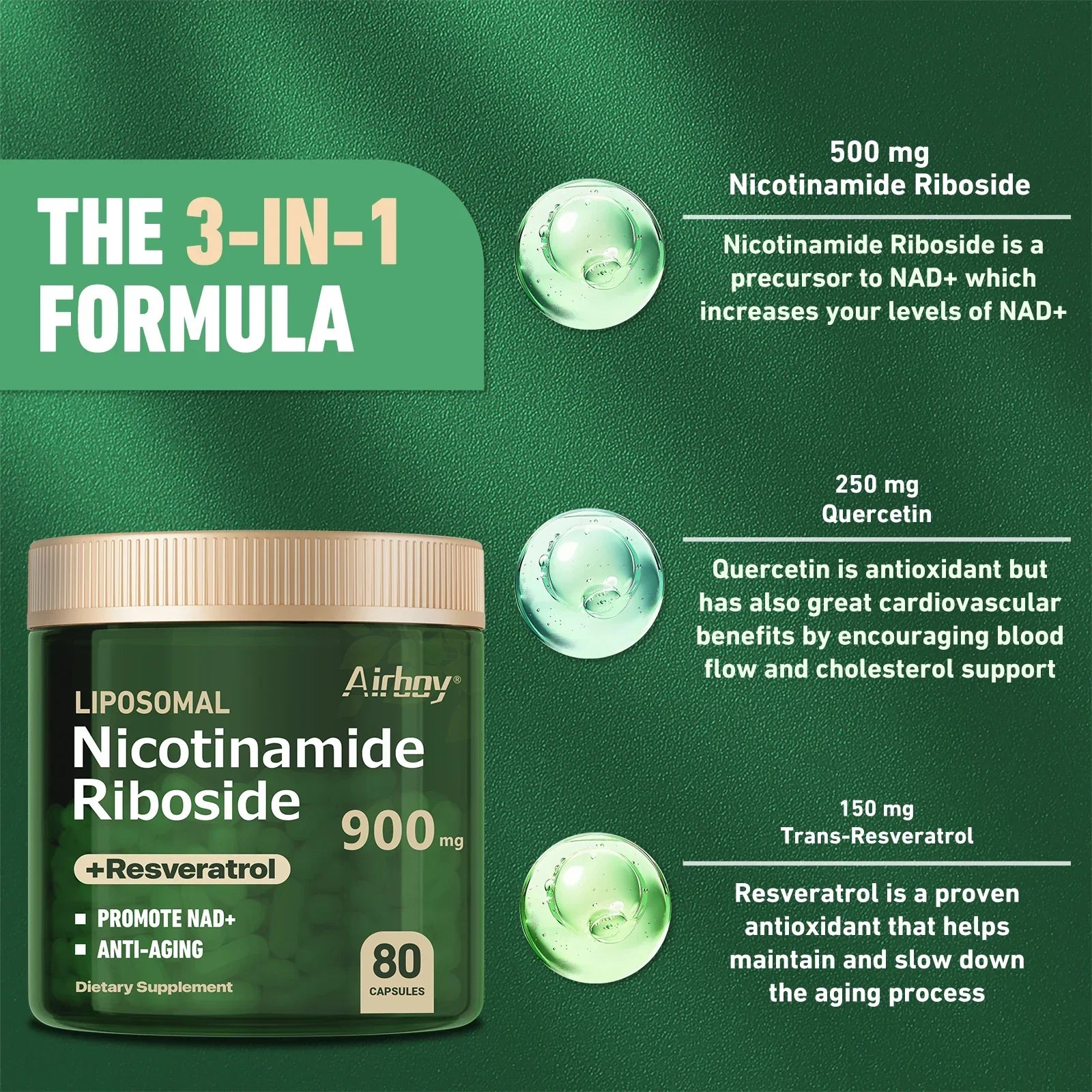 Nicotinamide Riboside + Resveratrol - Quercetin, High Purity NAD Supplement - 80 Capsules - Evallys.com