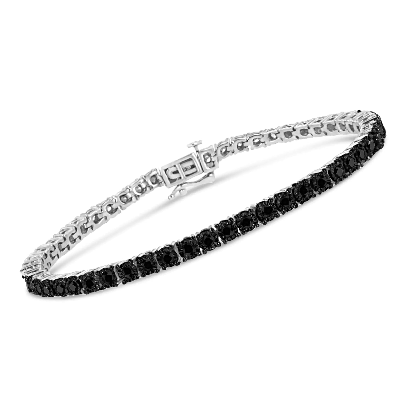 .925 Sterling Silver 3.0 Cttw Miracle-Set Treated Black Diamond Round Miracle Plate Tennis Bracelet (Black Color, I3 Clarity) - 7.25