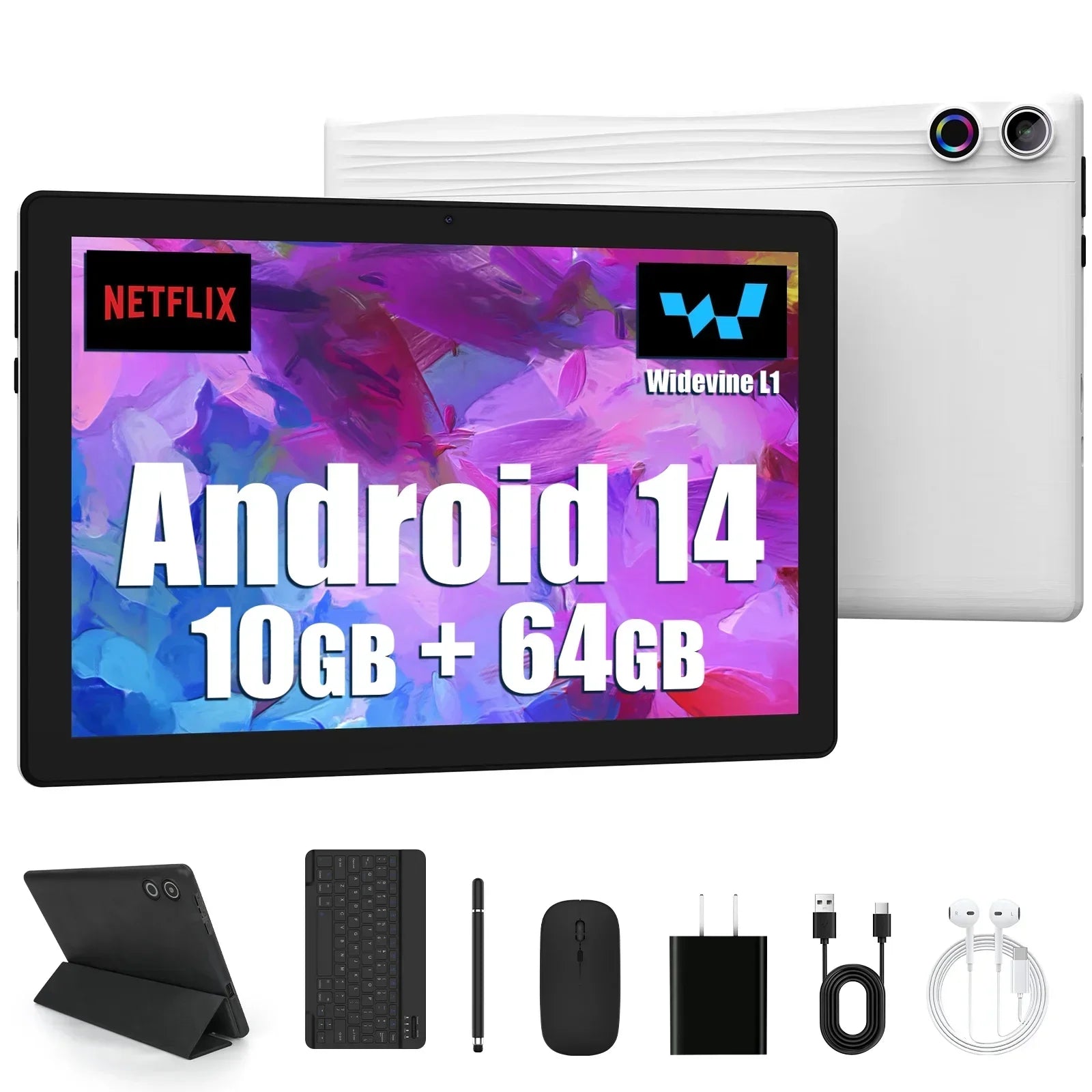 Android 14 10 inch Tablet, A523 Octa Core, 8GB RAM + 64GB ROM(TF 1TB), 5000mAh, Face Unlocked,Black+Keyboard & Mouse Set, Black - Evallys.com