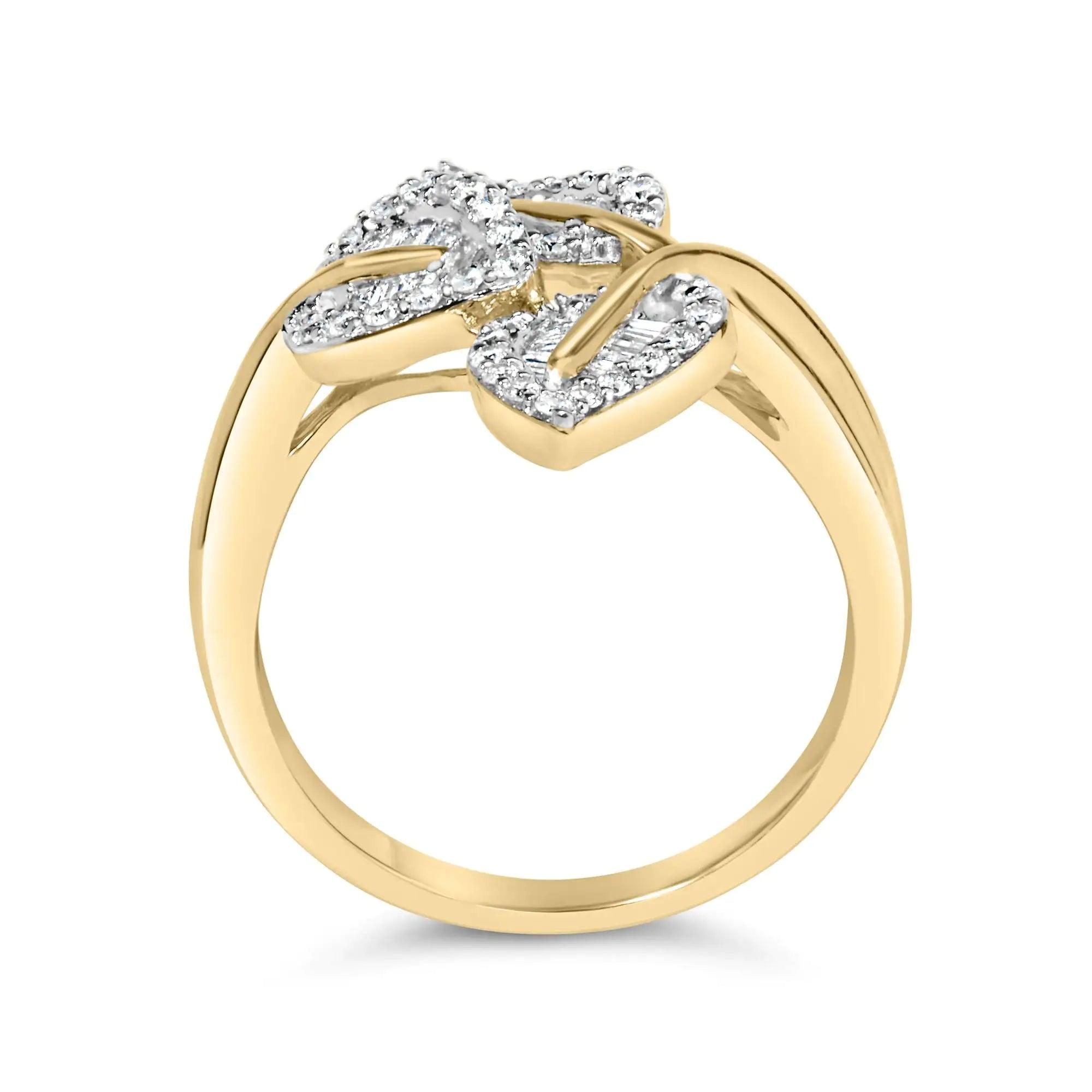 18K Yellow and White Gold Plated .925 Sterling Silver 3/8 Cttw Baguette and Round Diamond Bypass Triple Leaf Ring (I-J Color, I1-I2 Clarity) - Evallys.com # #