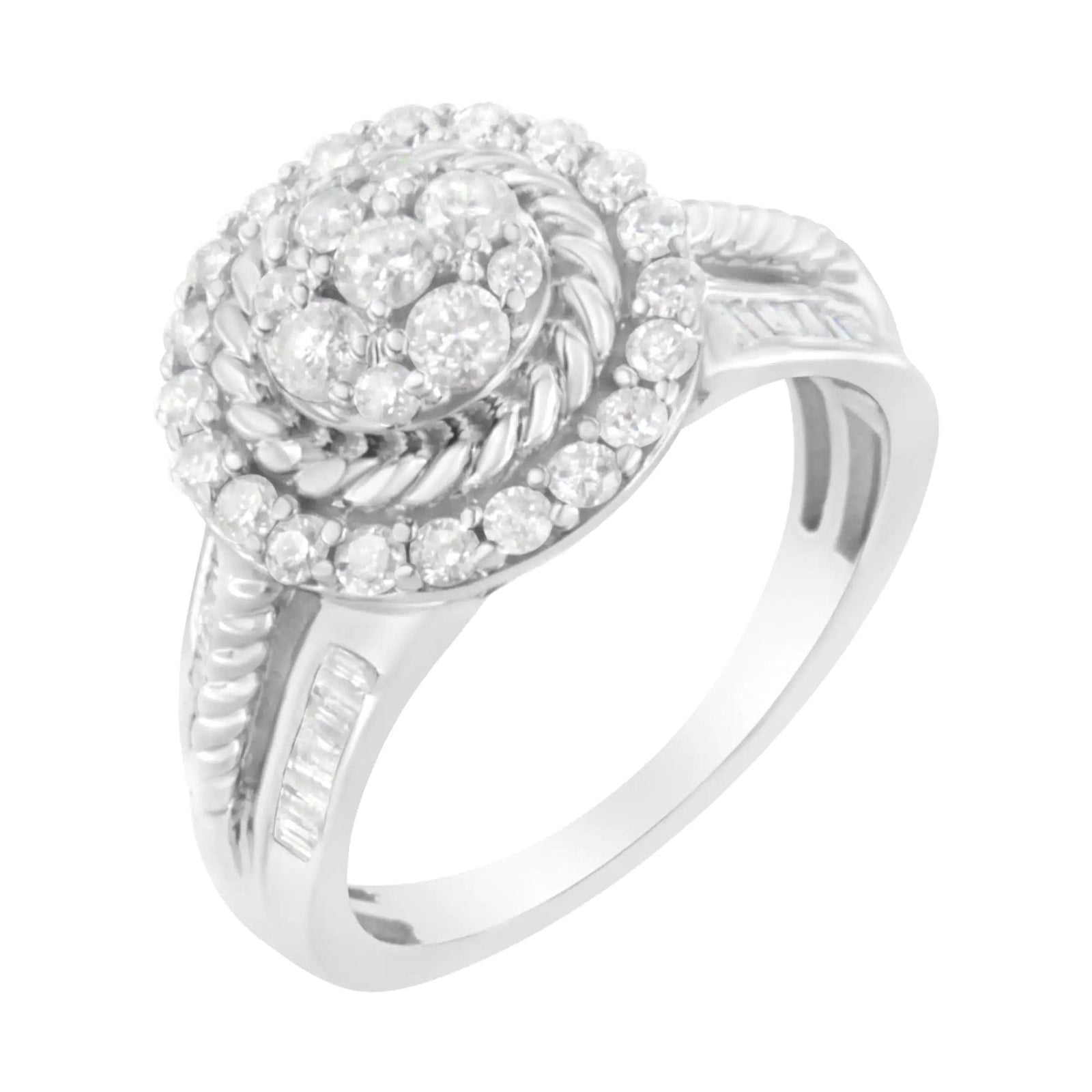 .925 Sterling Silver 1 cttw Baguette and Round-Cut Diamond Halo and Lariat Cocktail Floral Ring (H-I Color, I2-I3 Clarity) - Evallys.com # #