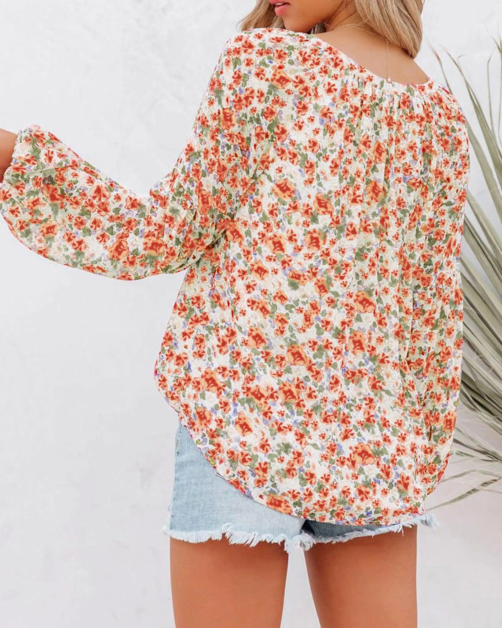 BTFBM Women Casual Boho Blouse Fashion Floral Shirts V Neck Long Puff Sleeve Lightweight Chiffon Summer Fall Tops 2024 Floral Orange Large - Evallys.com # #