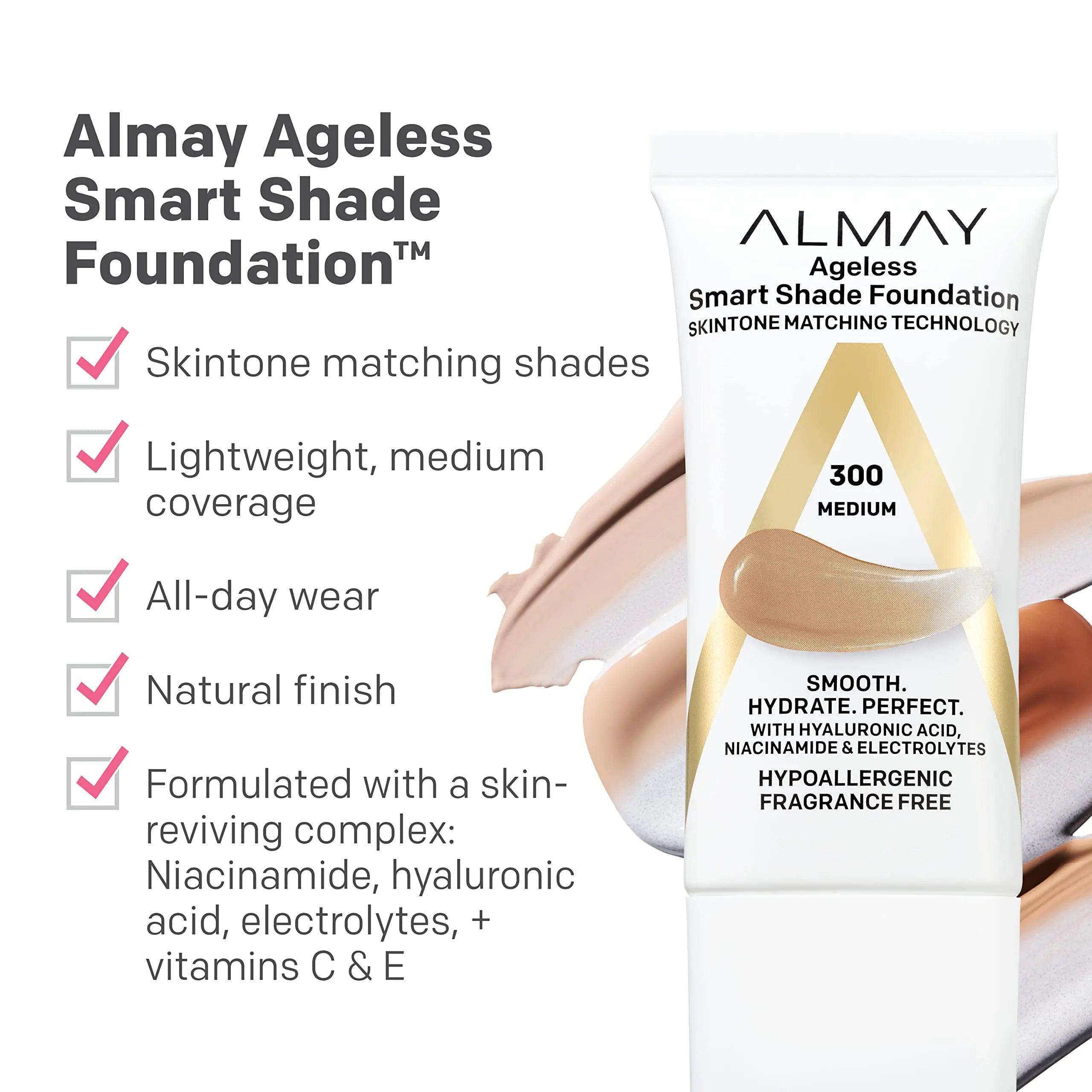 Almay Anti-Aging Foundation, Smart Shade Face Makeup with Hyaluronic Acid, Niacinamide, Vitamin C & E, Hypoallergenic-Fragrance Free, 100 Light, 1 Fl Oz (Pack of 1) 1 Fl Oz (Pack of 1) - Evallys.com # #