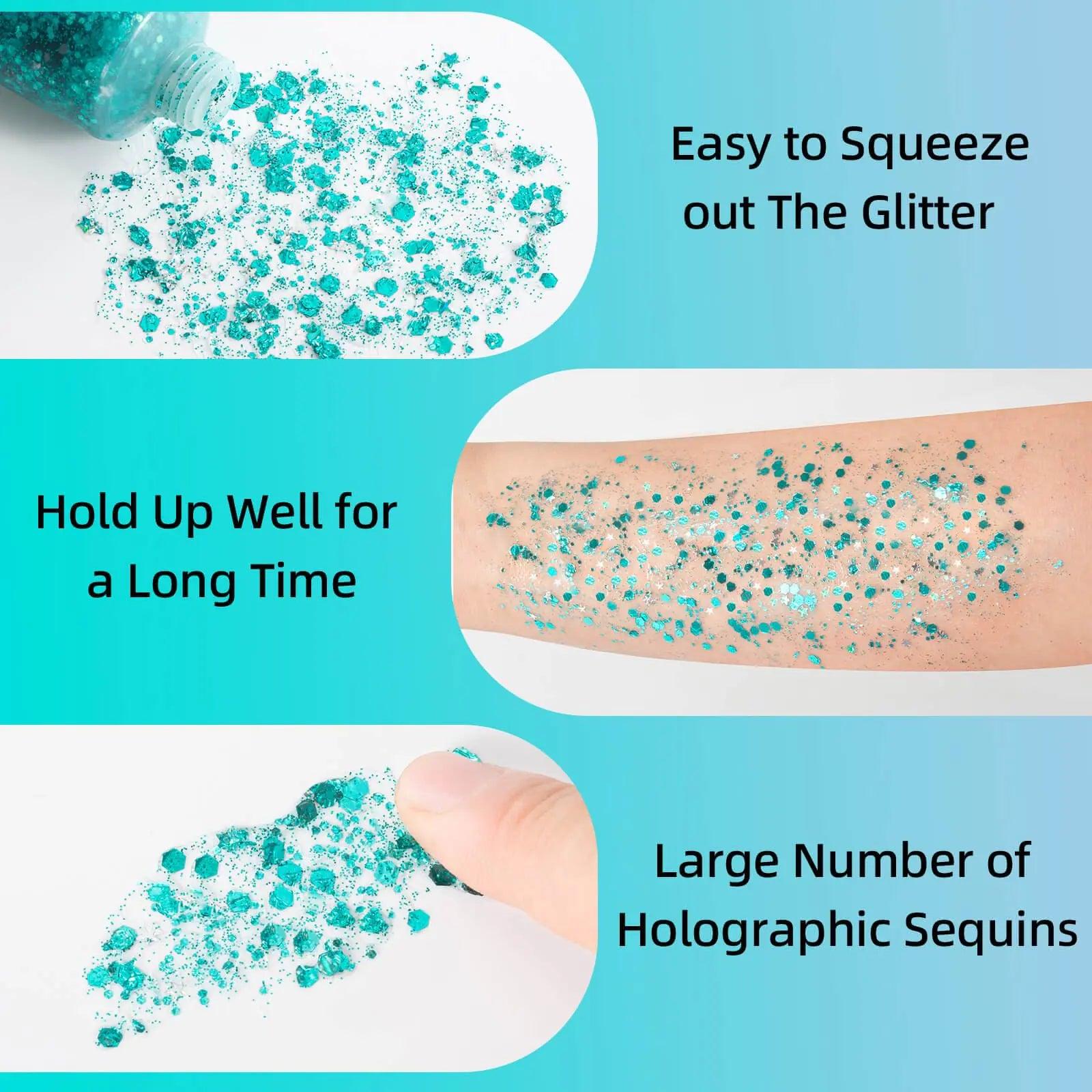 MEICOLY Teal Body Glitter,Mermaid Face Glitter Gel for Halloween,Glitter Face Paint,Dazzle Green Chunky Glitter for Face Body Eye Lip Hair,Sparkling Holographic Gel Glitter Makeup for Women and Kids dazzle green body glitter - Evallys.com # #