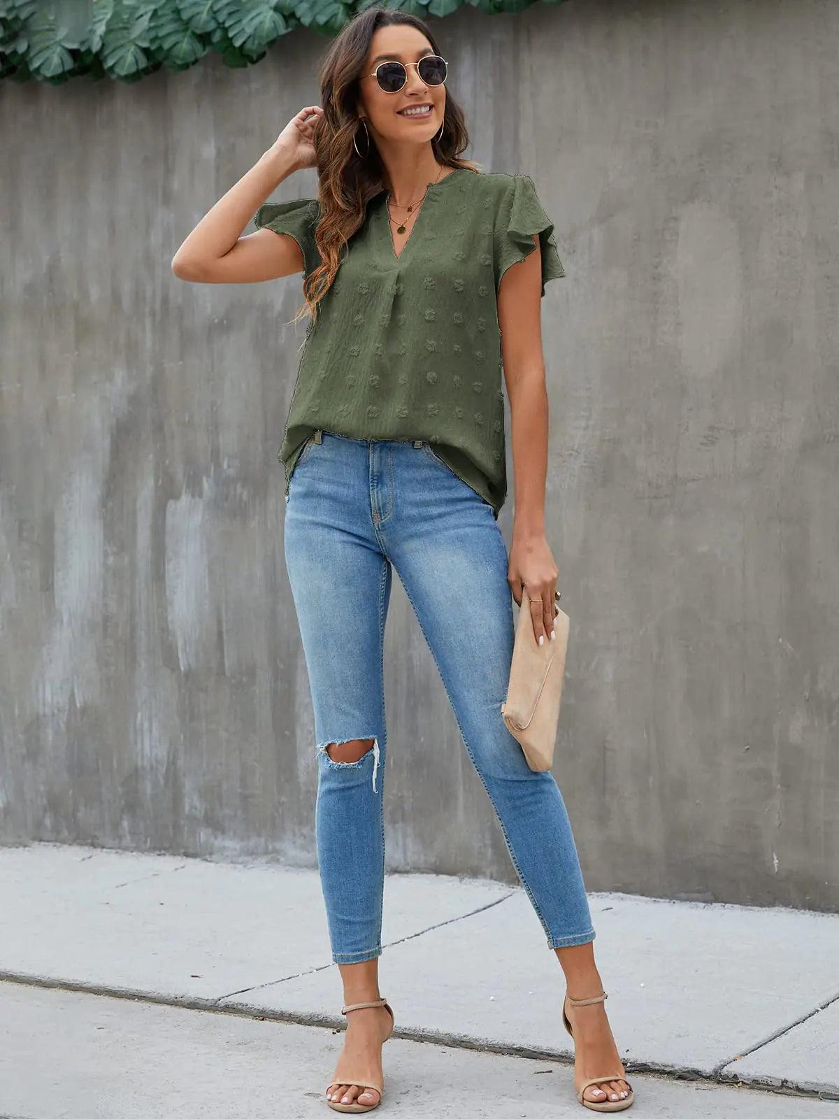 Blooming Jelly Womens White Blouse V Neck Ruffle Sleeve Flowy Shirts Dressy Casual Cute Summer Tops Medium Army Green - Evallys.com # #