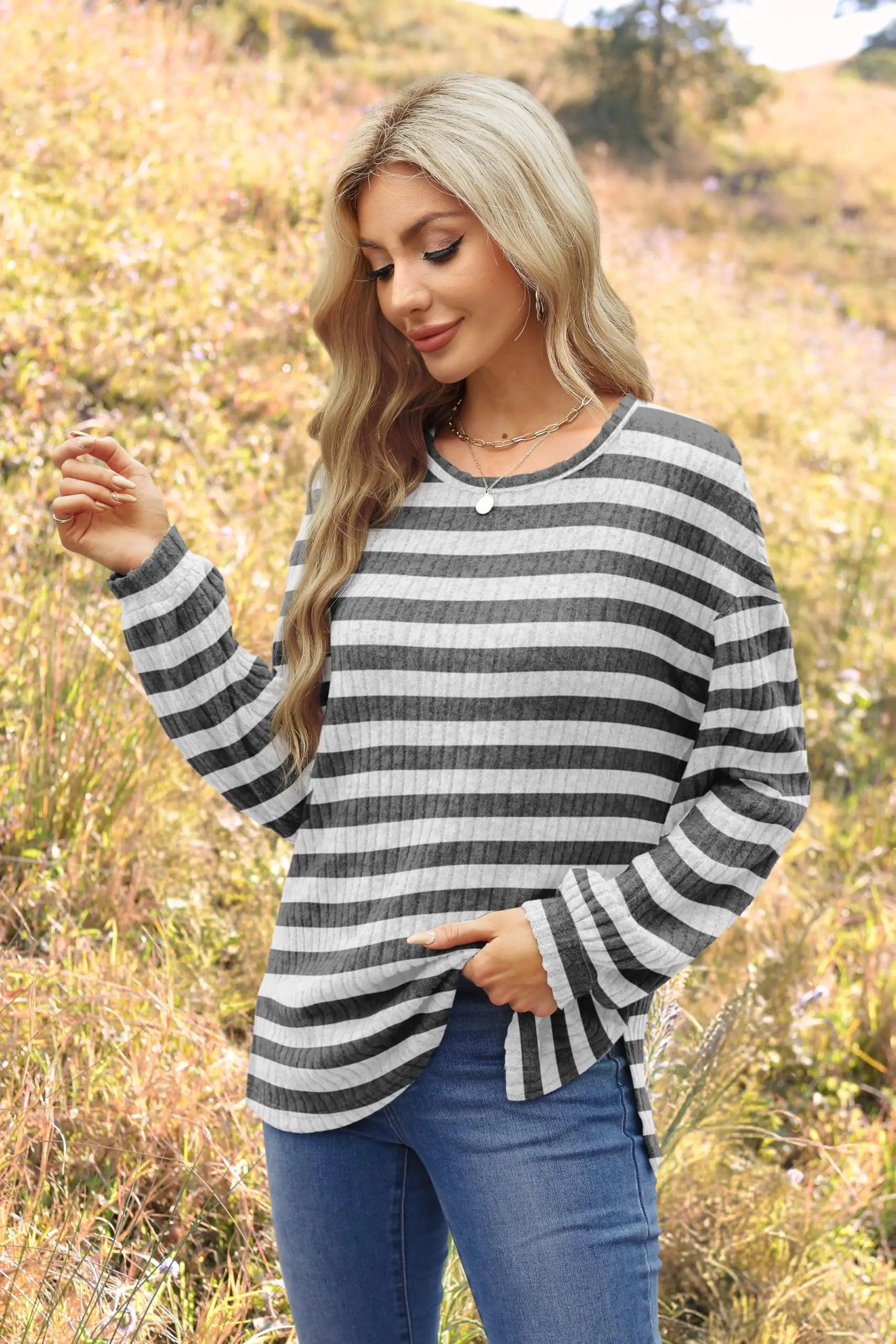 WIHOLL Long Sleeve Shirts for Women Loose Fit Casual Crewneck Tunic Tops Fall Fashion Pullover Sweaters Side Split Striped-grey Medium - Evallys.com # #