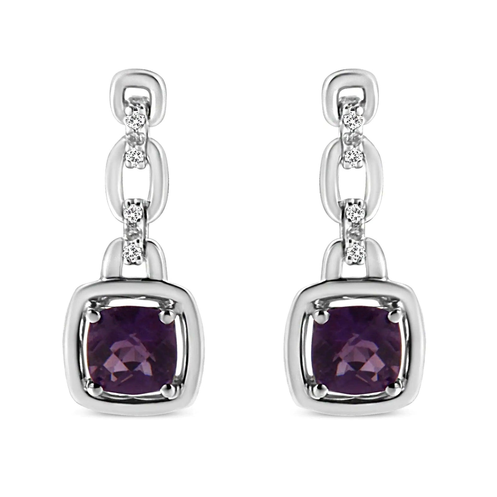 .925 Sterling Silver 6x6MM Cushion Shaped Natural Purple Amethyst and Diamond Accent Drop and Dangle Earrings (I-J Color, I1-I2 Clarity) - Evallys.com # #