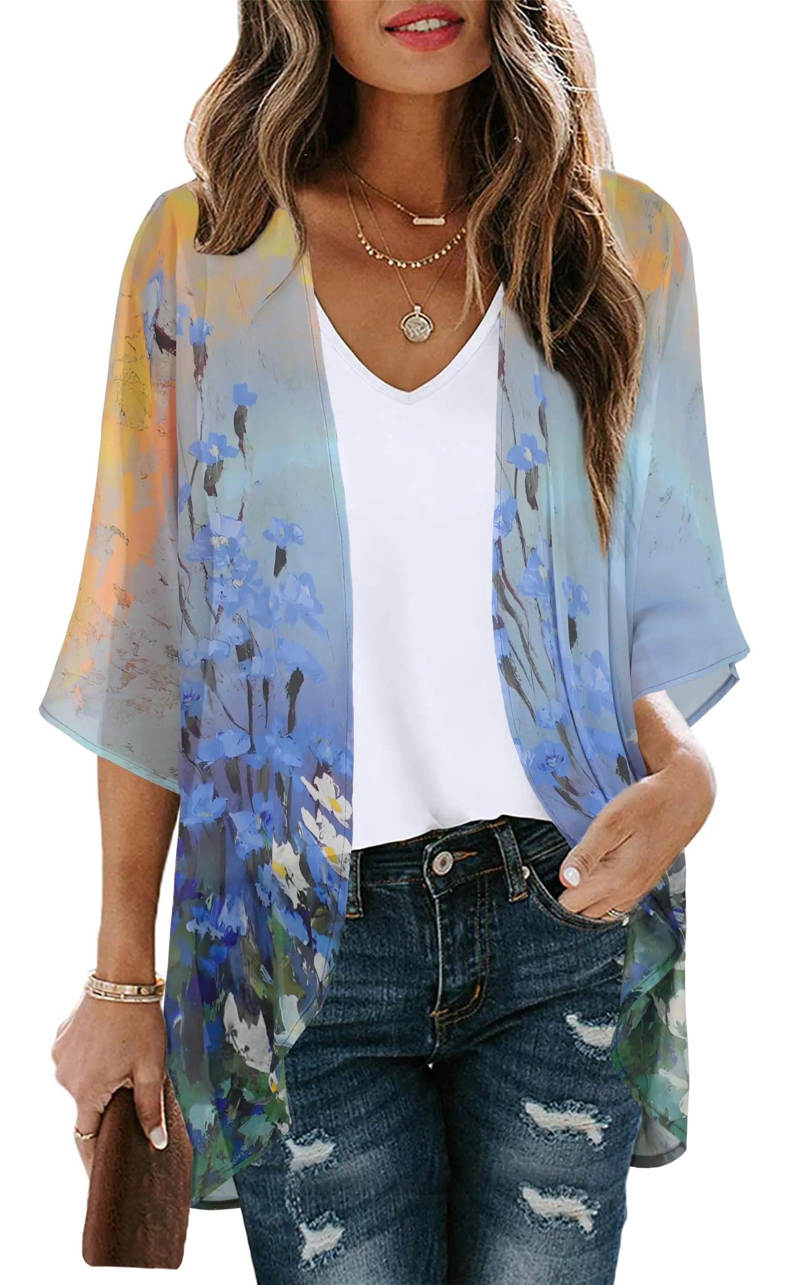 Women's Floral Print Puff Sleeve Kimono Cardigan Loose Cover Up Casual Blouse Tops Small Orange Black - Evallys.com