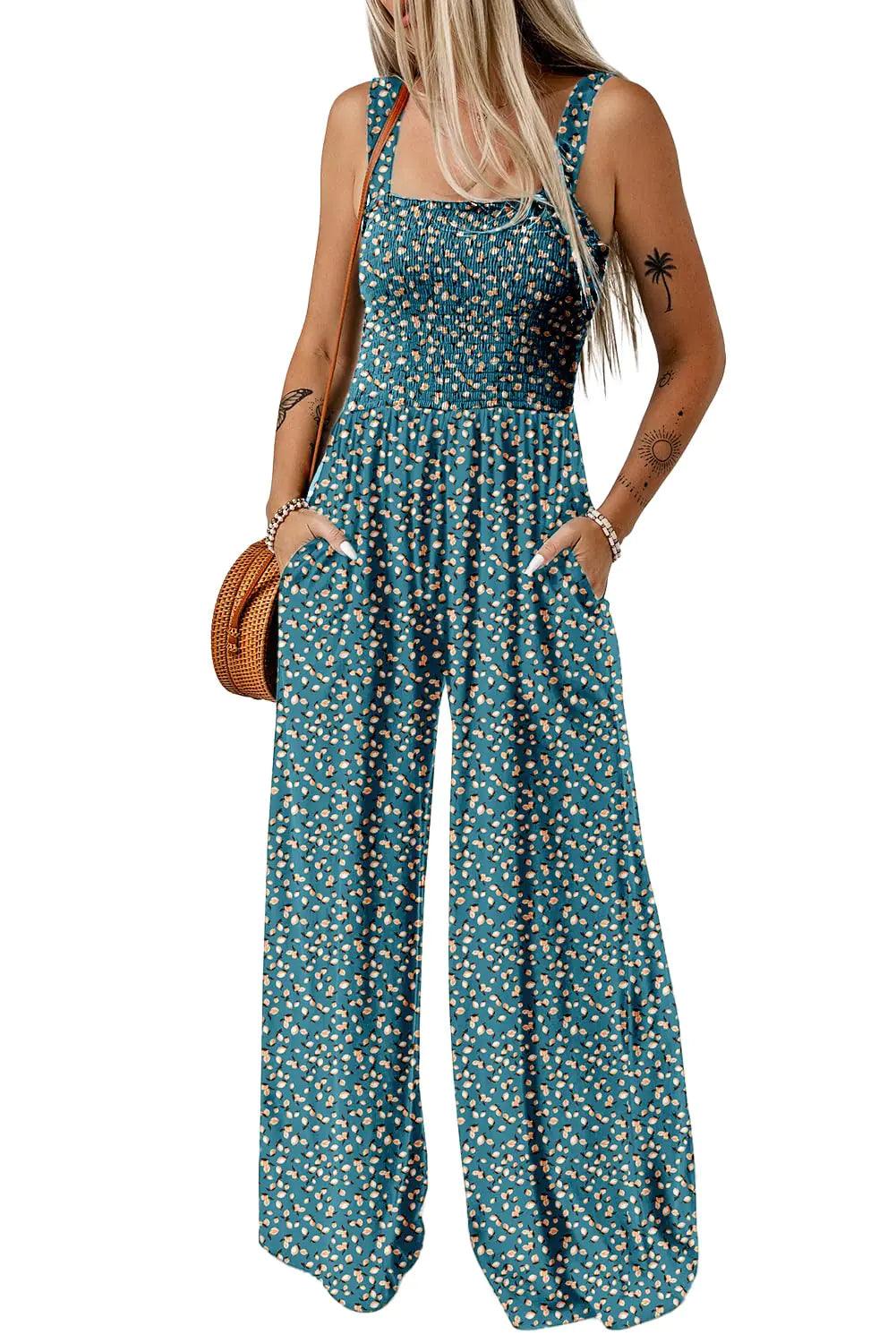 Dokotoo Women's Casual Loose Overalls Jumpsuits One Piece Sleeveless Printed Wide Leg Long Pant Rompers With Pockets XX-Large Green 2 - Evallys.com # #