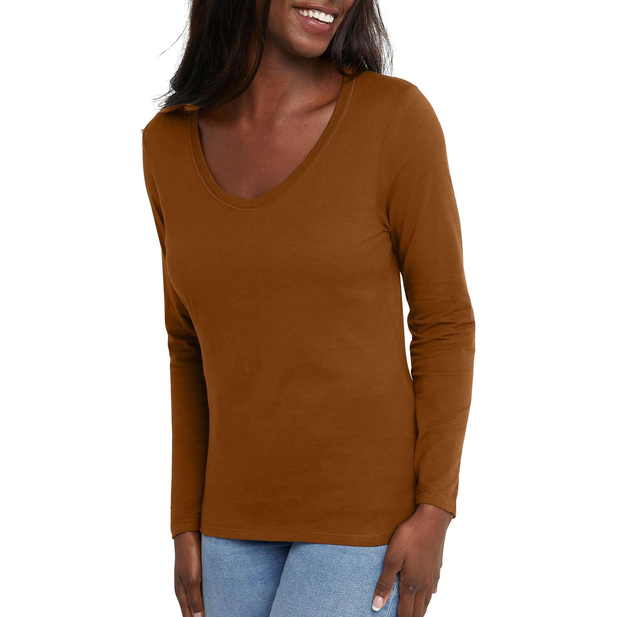 Hanes Womens Originals Long Sleeve Cotton V-Neck T-Shirt, Lightweight V-Neck Tee, Modern Fit Medium Allgood Gold - Evallys.com # #